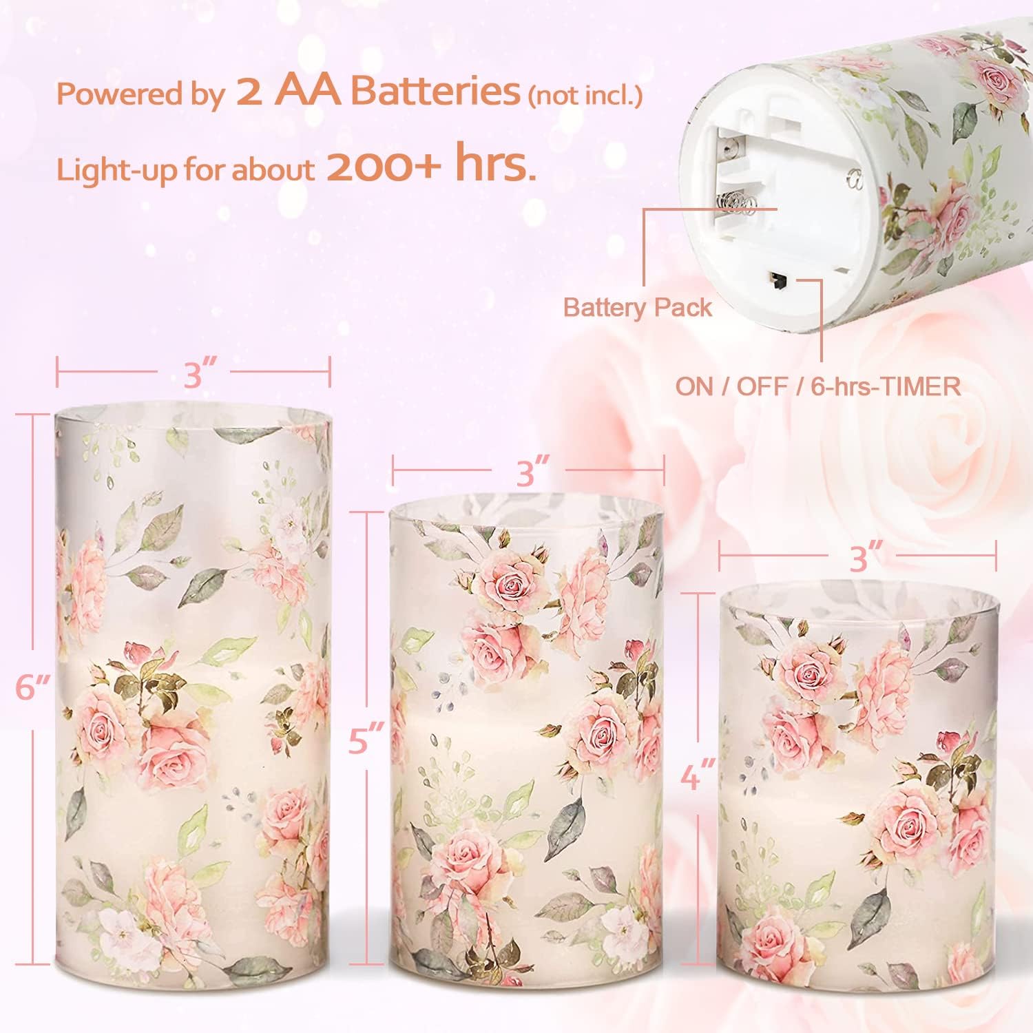 Rose Flameless Candles Love Theme Battery Operated Glass Flickering LED Candle with Remote Pink Flower Decal Realistic Pillar Candles Bedroom Home Decor Table Ornament