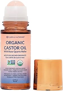 QUEEN OF THE THRONES® Organic Golden Castor Oil Roll-On with Rose Quartz | 100% Pure for Skin, Brows & Lashes and less mess Castor Oil Packs | Hexane-Free | USDA Certified | Cold-Pressed 1.7oz (50mL)