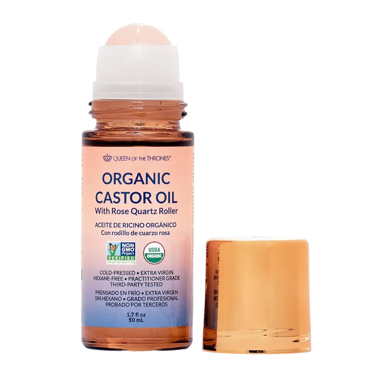 QUEEN OF THE THRONES® Organic Golden Castor Oil Roll-On with Rose Quartz | 100% Pure for Skin, Brows & Lashes and less mess Castor Oil Packs | Hexane-Free | USDA Certified | Cold-Pressed 1.7oz (50mL)