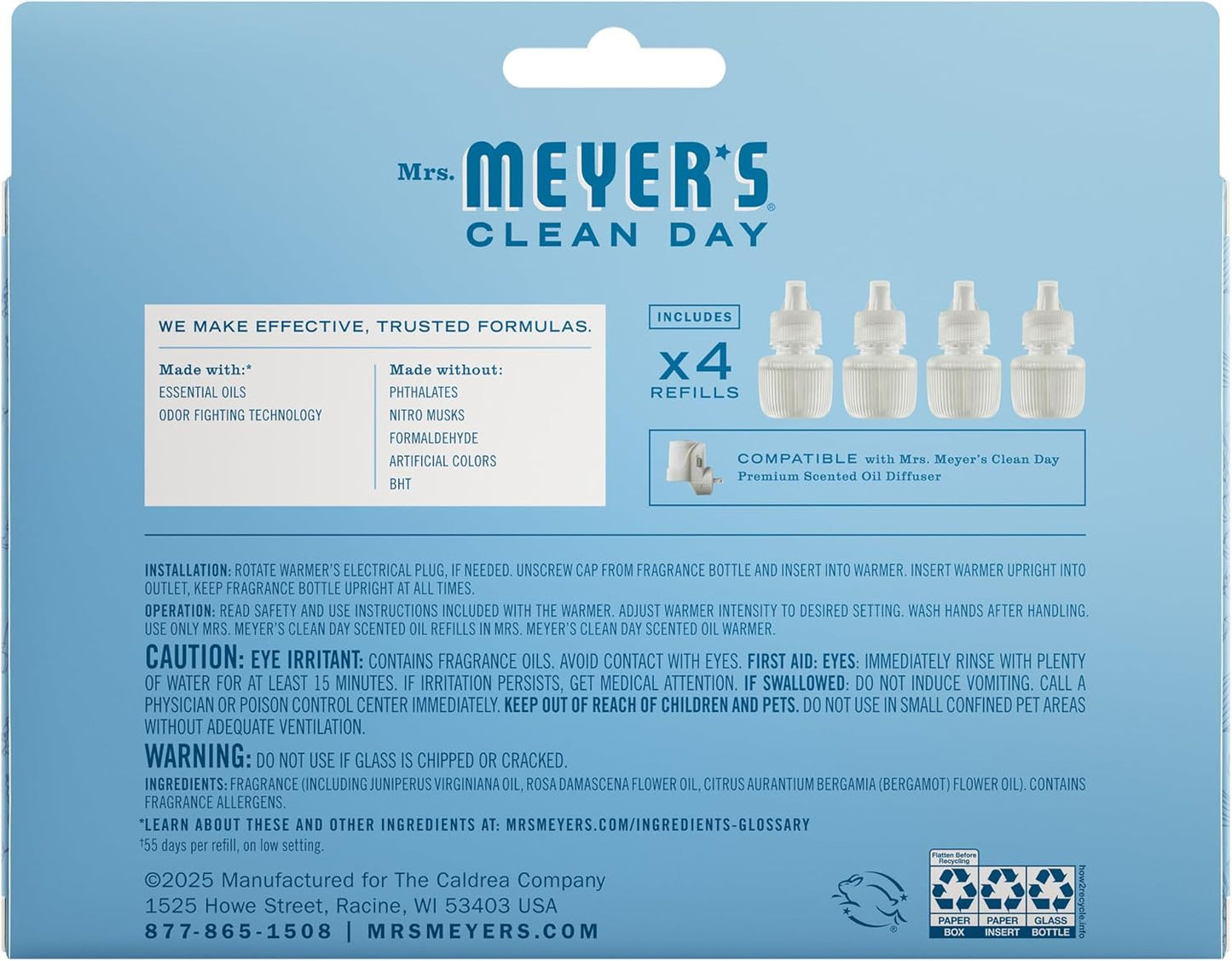 MRS. MEYER'S CLEAN DAY Scented Oil Refills, Rain Water, contains 4 .67 fl oz refills