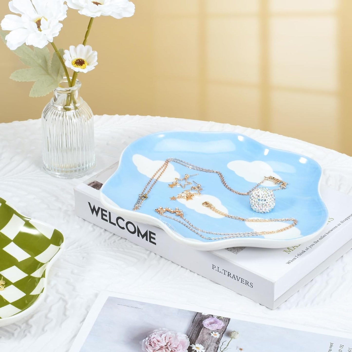Koythin Jewelry Tray, Ceramic Jewelry Dish Trinket Tray Organizer, Clouds Aesthetic Decorative for Kitchen, Bathroom (Blue Sky and White Clouds)