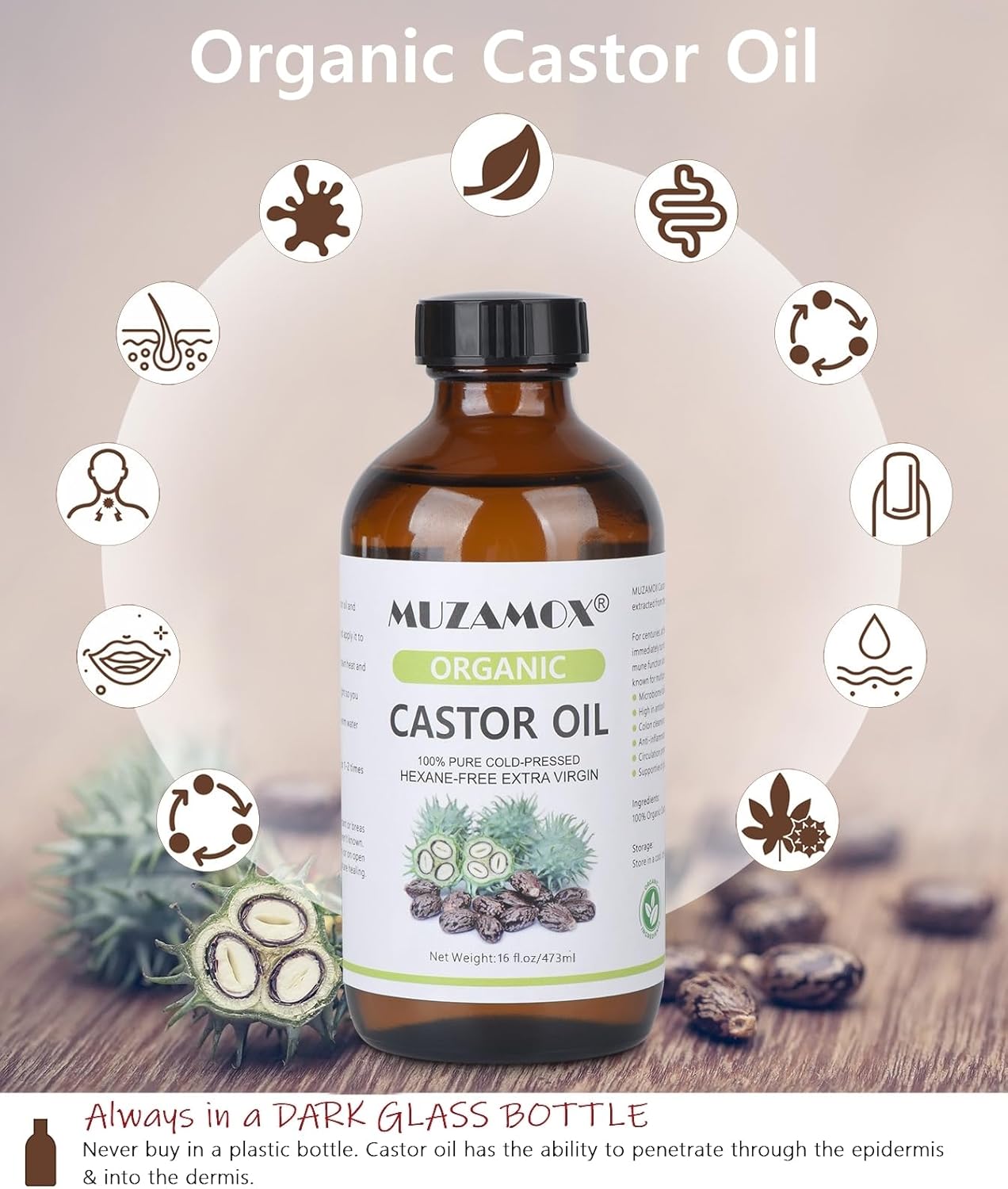 Castor Oil Organic Cold Pressed Unrefined Glass Bottle, 100% Pure and Hexane Free, Ideal for Castor Oil Pack, Skin Care, and Hair Growth, 16 Fl Oz