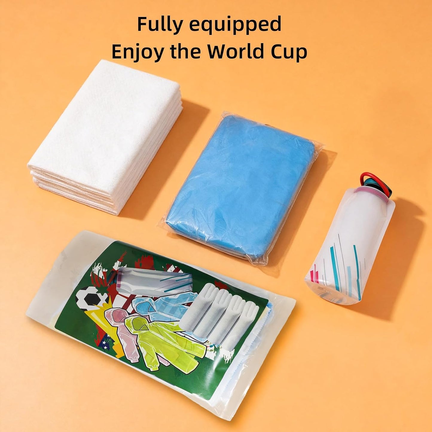 3-in-1 Travel Essential Kit for Outdoor Enthusiasts | Disposable Bath Towel + Rain Poncho + Collapsible Silicone Water Bottle | Compact Set for Soccer Cup,Stadium Games, Camping, Hiking