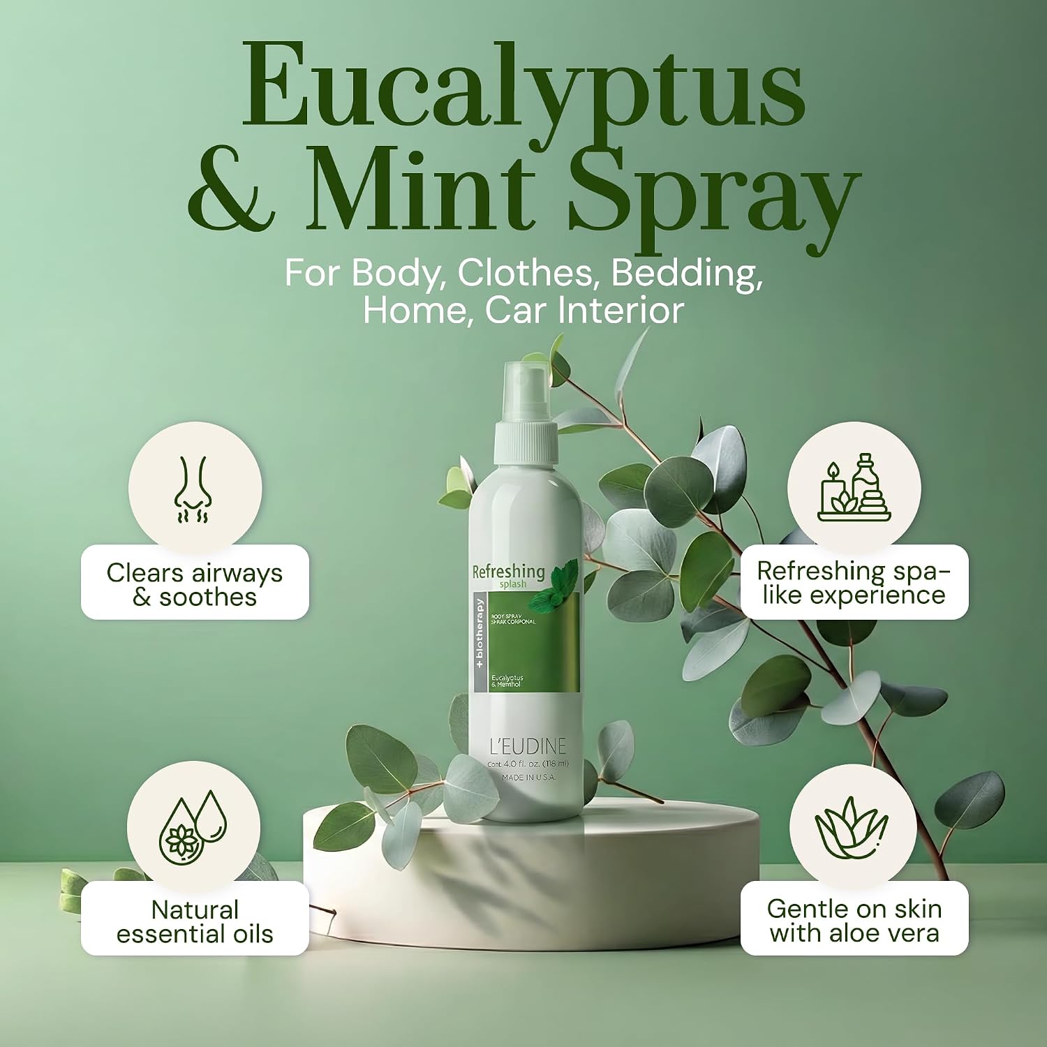 L'EUDINE Refreshing Splash with Eucalyptus Oil-Respiratory Care Body & Room Spray Mint and Aloe Infused Mist for Family Wellness, MultiUse Aromatherapy for Skin, Linens, and Small Spaces, 4 fl oz
