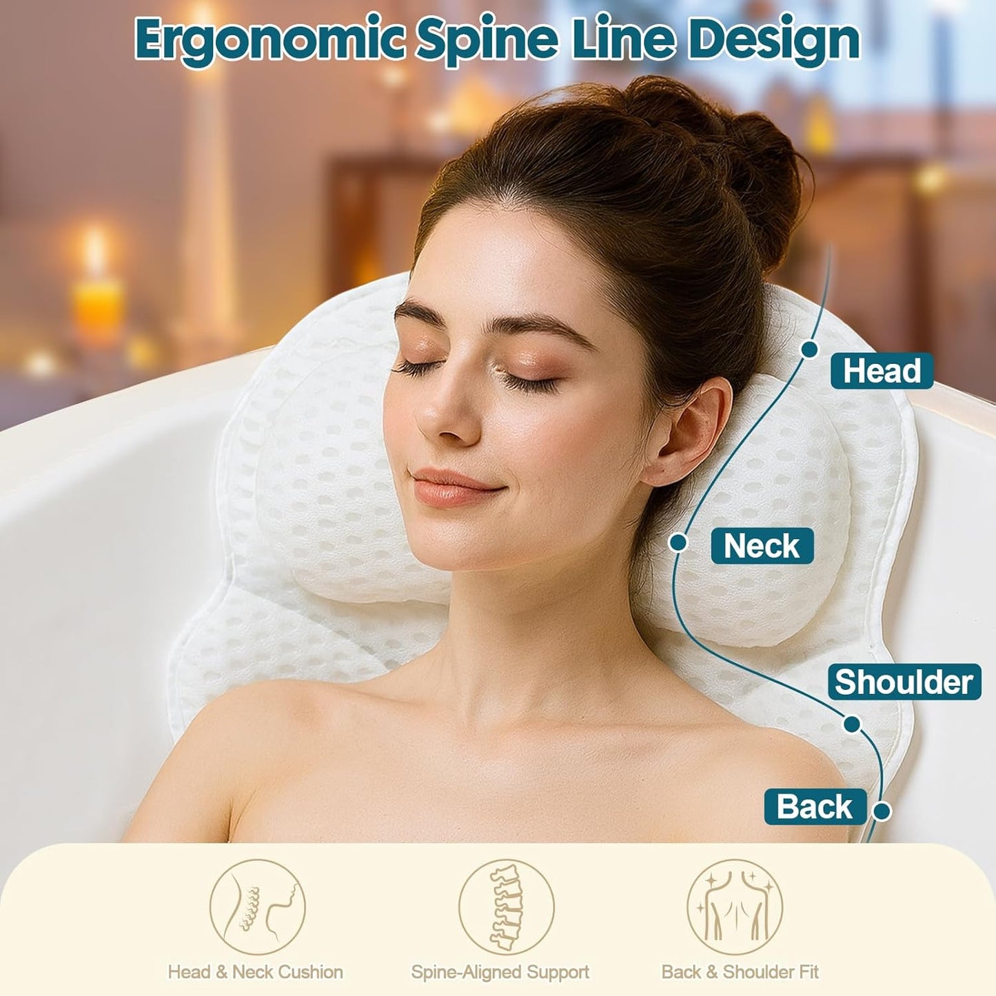 Bath Pillow Bathtub Pillow, Luxury Bath Pillows for Tub with Head, Neck & Back Support, 4D Air Mesh Bath tub Pillow with Extended Wings, Non-Slip Suction Cups Relaxing Spa Gift for Woman