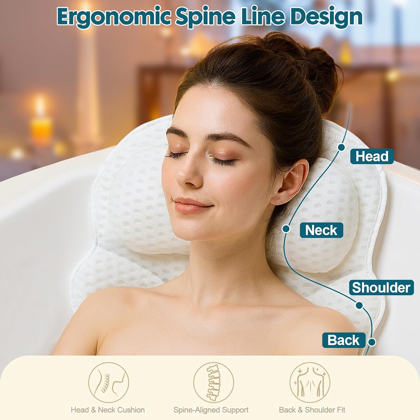 Bath Pillows for Tub – 4D Air Mesh Bathtub Pillow with Head, Neck & Shoulder Support, Larger Size Non-Slip Tub Pillow for Bathtub & Jacuzzi, Bath Tub Pillow with Wash Bag, Gift for Women & Men