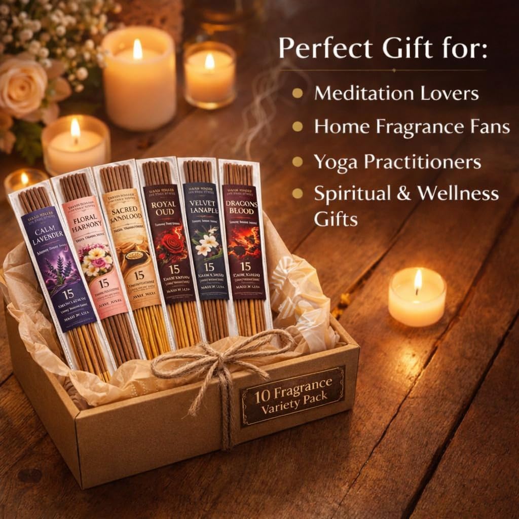 Incense Sticks Variety Pack, 150 Count – Nag Champa, Sandalwood, Lavender, Rose, Oud, Dragon Blood, Jasmine, Pineapple, Floral Harmony & Fruity Burst | 10 Scents × 15 Sticks | Natural Incense Set