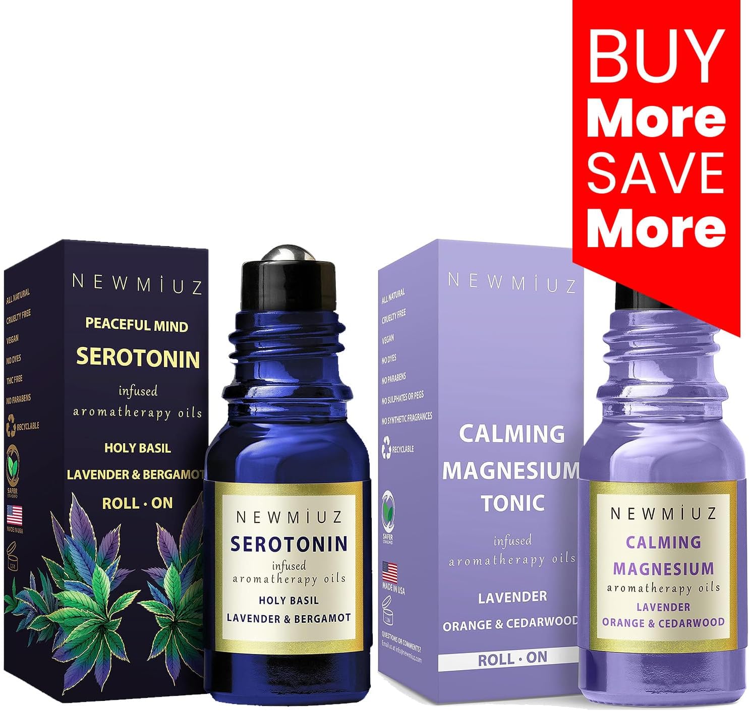 Destress Holy Basil Lavender and Bergamot & Calming Magnesium Lavender Orange Cedarwood Pack of 2