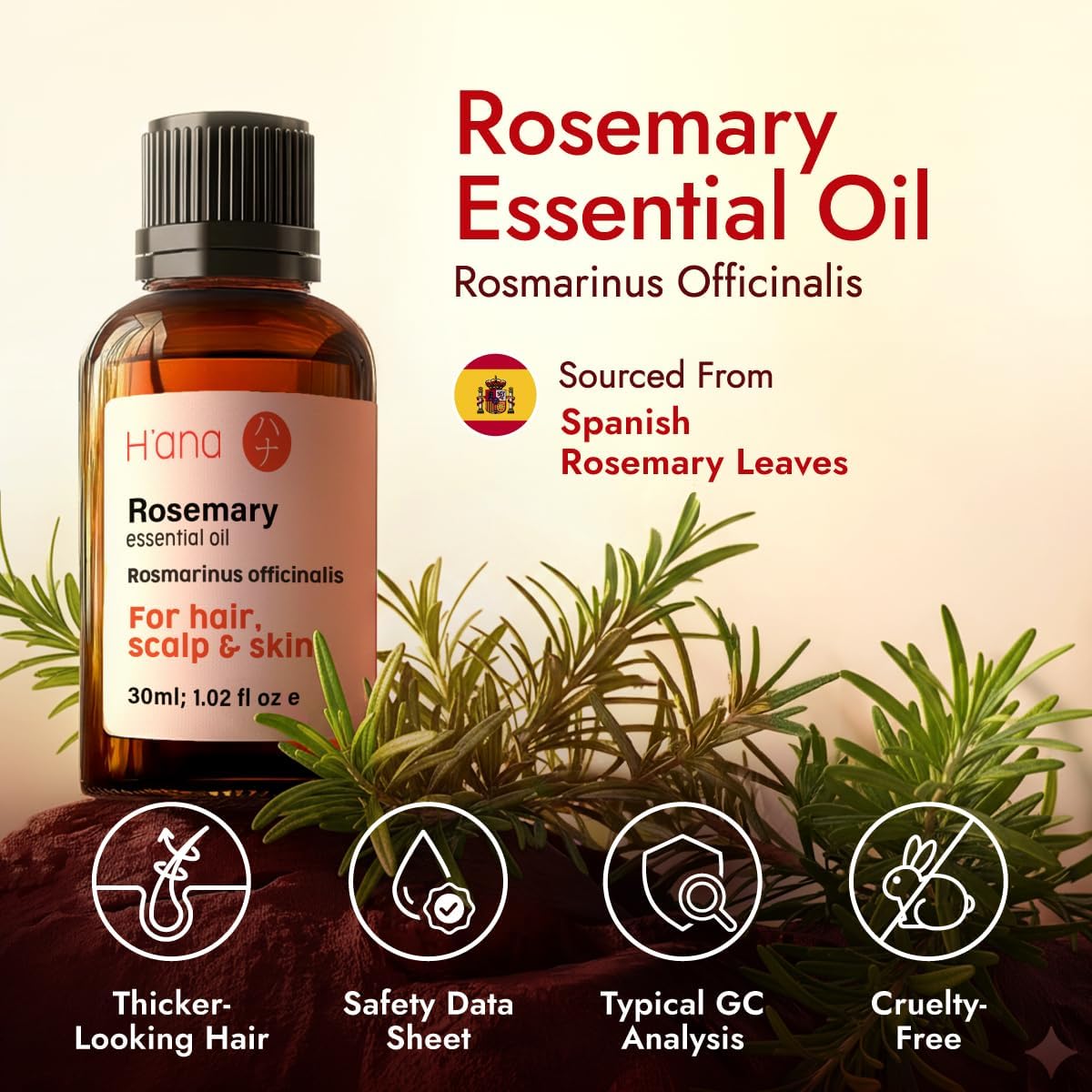 H'ana Rosemary Oil - 1.02 Fl Oz Rosemary Essential Oil for Hair, Skin, Diffuser, Aromatherapy & DIY