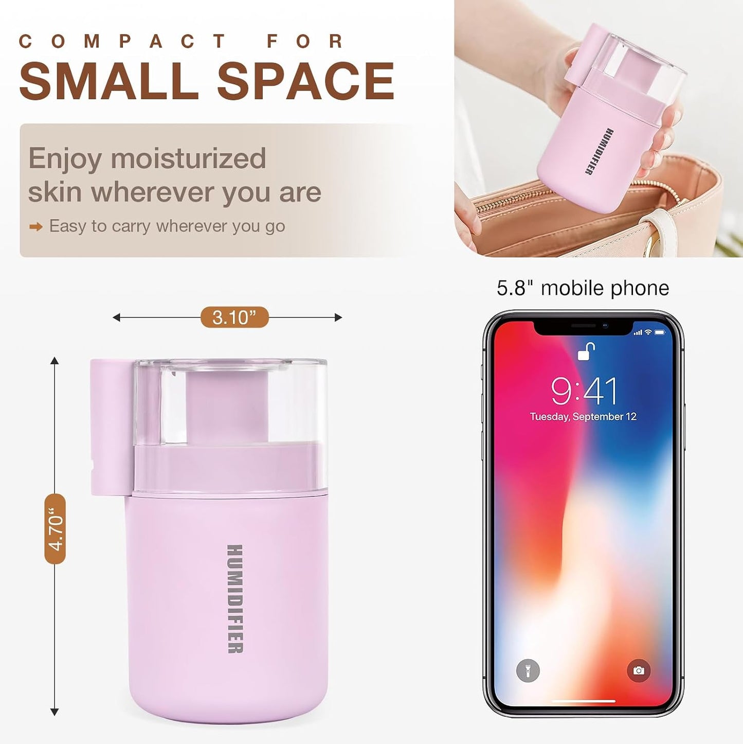 Small Mini Humidifier, USB Desk Cool Mist Humidifier Personal Portable Quiet Table Desktop Humidifiers for Cooling Home Office Car Summer Travel (180ml, Pink)