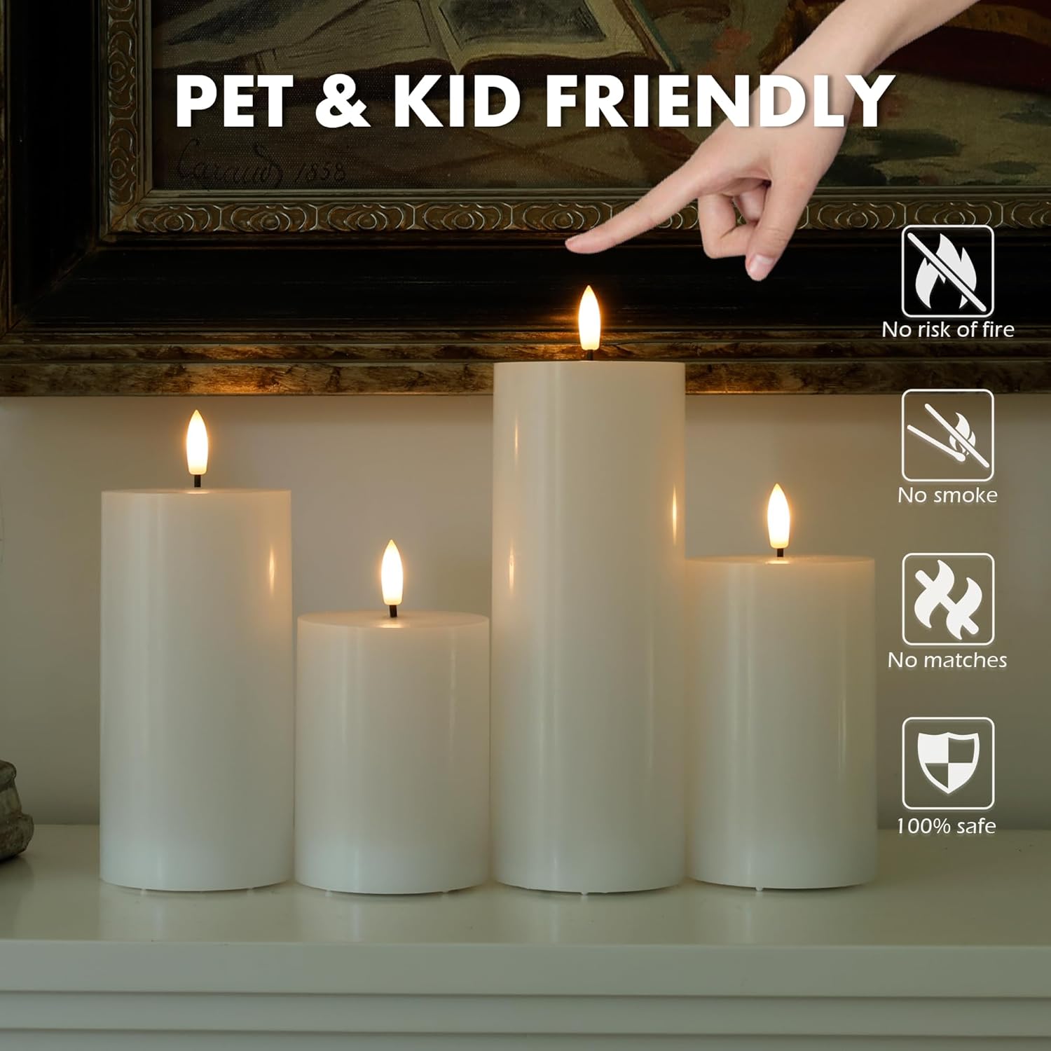 White Flameless Pillar Candles, Battery Operated Wax Candles with Remote, Flat Top Flickering Flameless Candles, LED Candle for Home, Wedding, Party Decor, Set of 4, Φ 3" H 4" 5" 6" 8"
