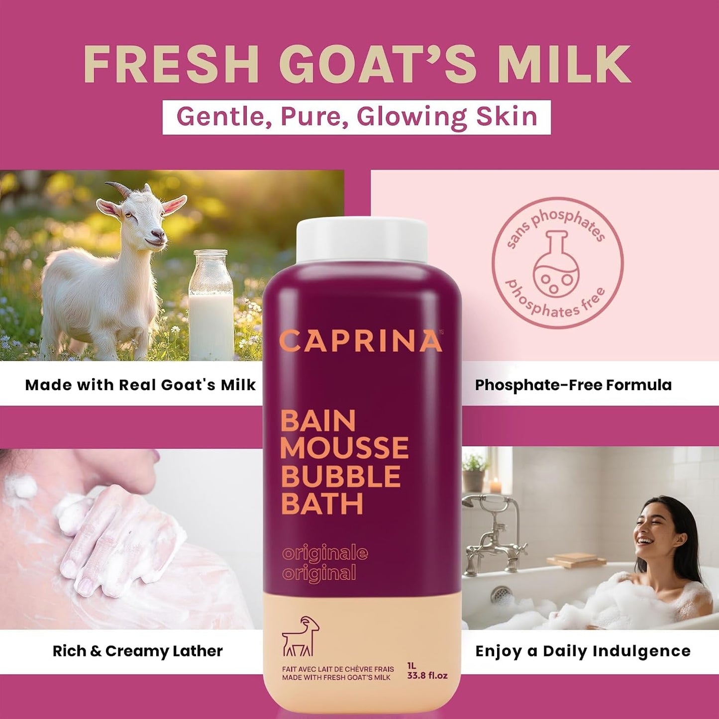 Caprina by Canus Goat Milk Bubble Bath, Original, 1 L (33.8 fl oz), Hydrating Relaxing Foam Bath, Moisturizing & Gentle on Skin, Made in Canada