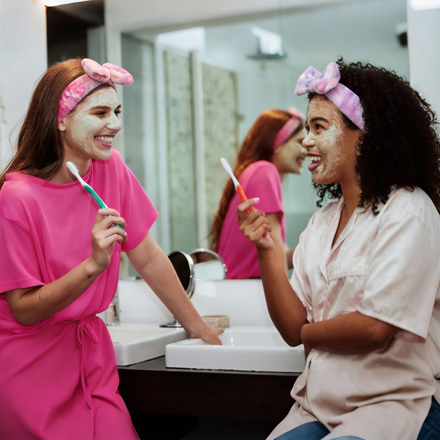 Headband for Washing Face, Spa Makeup Skincare Headbands for Women, 2pcs Bowknot Hair Bands (Black+Pink)