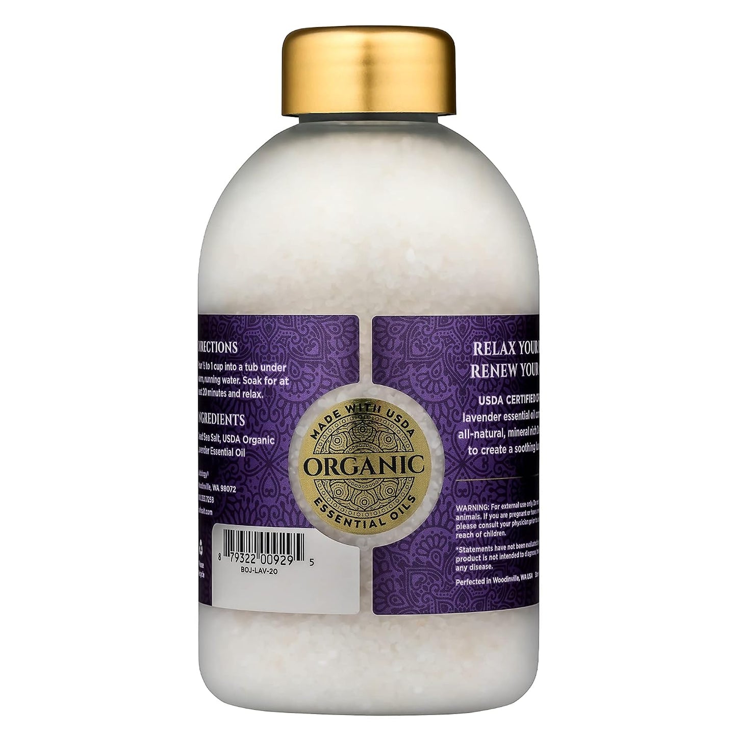 Bokek Bokek Organic Lavender Bath Salt, Dead Sea Salt Scented With Certified Organic Essential Oil, 20 Ounce Jar, White, Lavender, 20 ounces