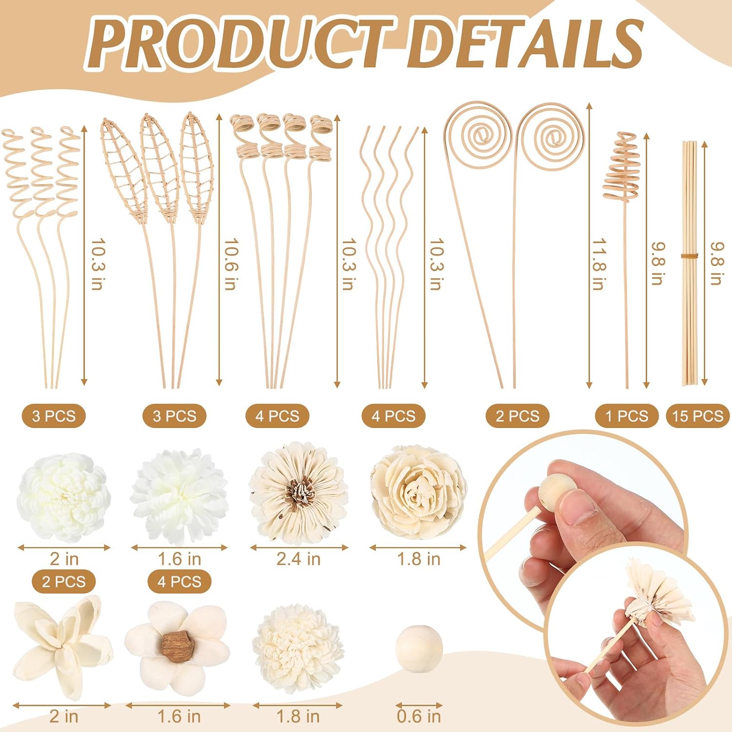 Queekay 32 Pcs Reed Diffuser Sticks Set Include 21pcs Natural Rattan Wood Beads, 11 Style Fragrance Diffuser, Rattan Reed Fragrance Replacement for Home(Wooden Color)