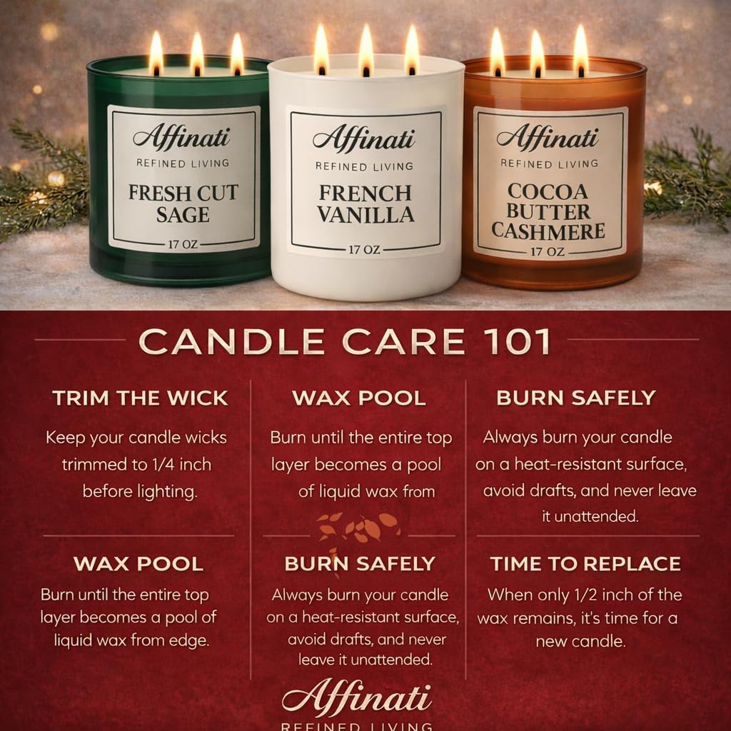French Vanilla Affinati 3-Wick Candle - 17 oz Luxury Soy Blend, Long-Lasting Home Fragrance & Aromatherapy, Premium Scented Candles Jar, Birthday Gifts for Women & Home Decor