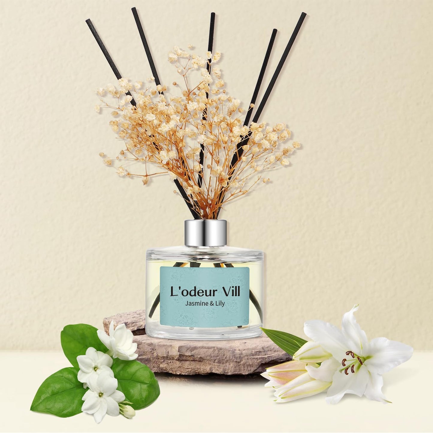 Reed Diffuser Set, 6.7 oz(200ml) Jasmine & Lily Scented Diffuser with 6 Oil Diffuser Sticks, Home Fragrance Essential Oil Reed Diffuser for Home Large Rooms Bathroom Shelf Decor