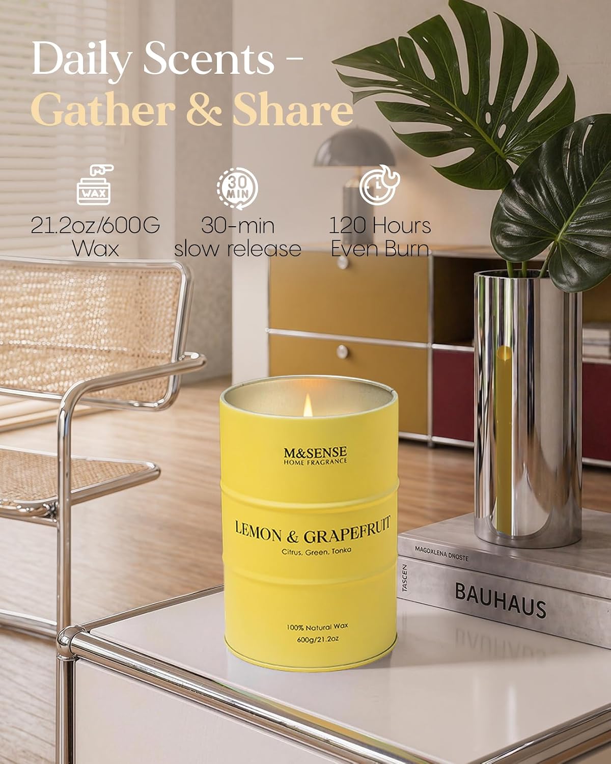 M&SENSE Lemon Candle Large for Home Scented, Lemon Soy Candles 21.2oz 120 Hour Slow Burning, Highly Scented Limoncello Grapefruit Citrus Candles for Bathroom, Fresh Smelling Candle