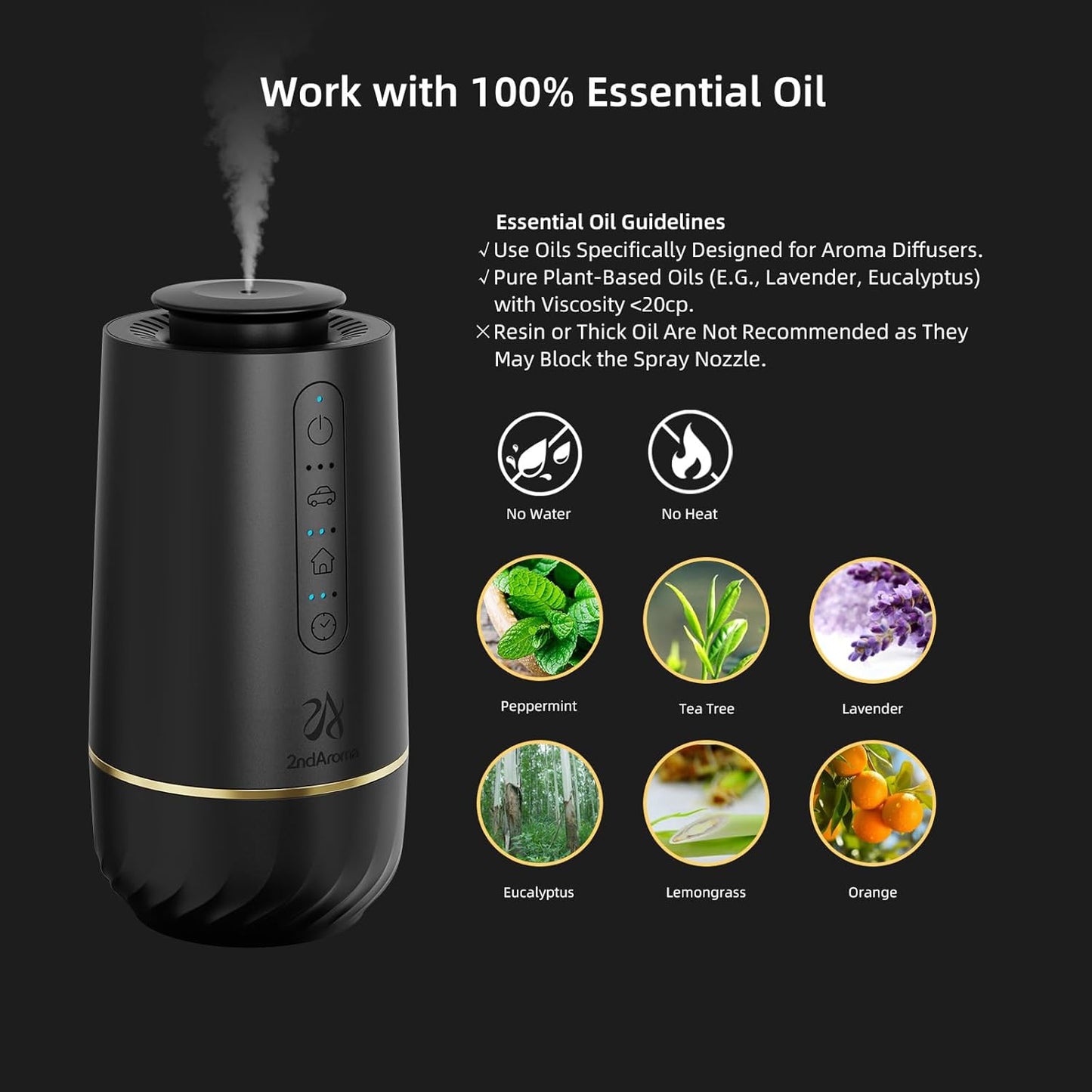 Waterless Oil Diffuser, Portable Car Diffusers for Essential Oils, Wireless Diffusers with 3 Mist Levels & Timer, ABS Material, Starry Night Light for Car Home Office, Includes 3 Scent Oils