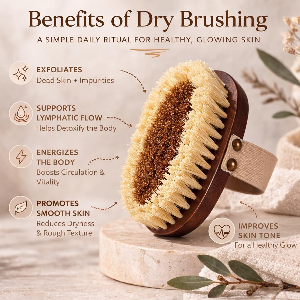 Natural Copper Dry Body Brush – Ionic Body Brush for Skin Exfoliation & Cellulite Reduction – Firm Sisal Copper Bristles & Anti-Slip Strap – Lymphatic Drainage & Glow Boosting Detox