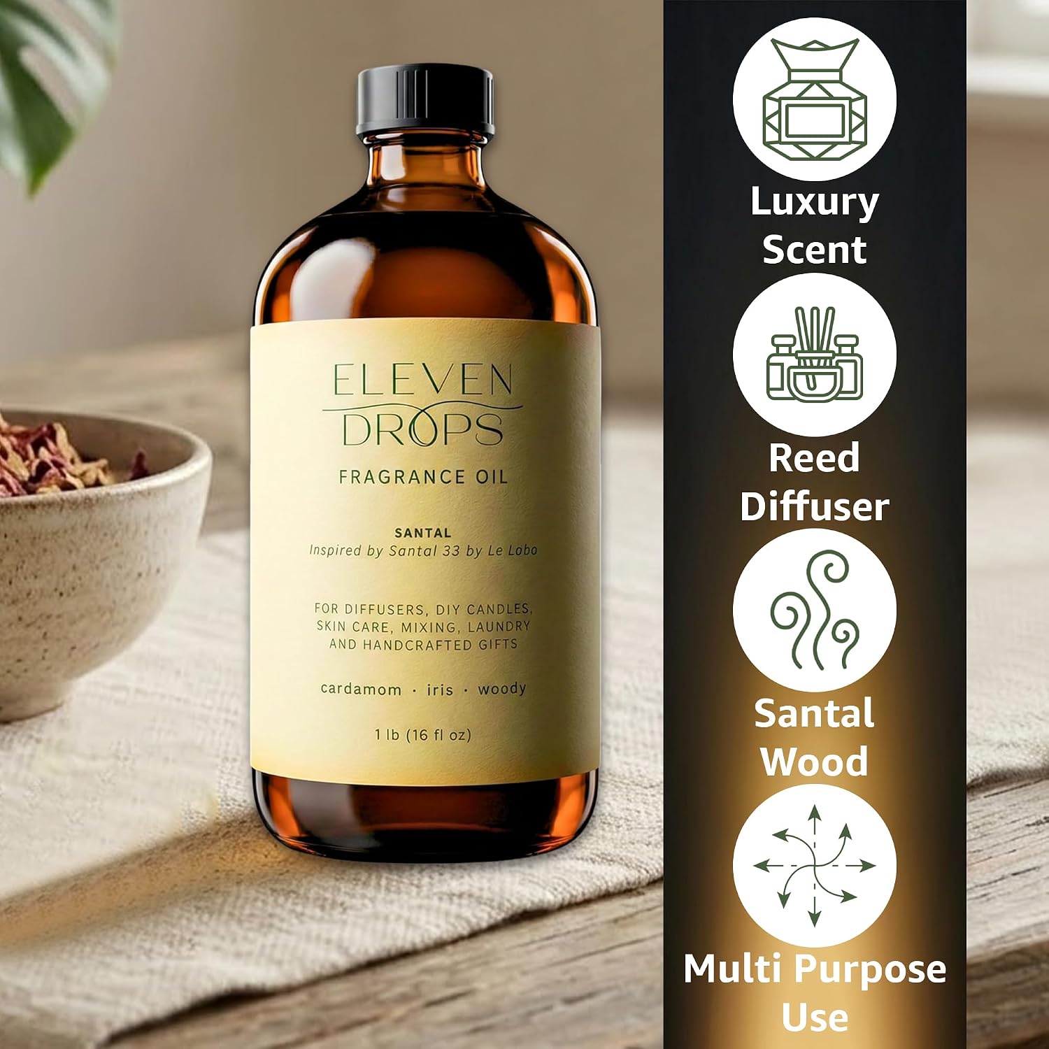 Santal Fragrance Oil | Cardamom, Iris & Woody Notes | Long Lasting Scent Reed Diffuser Oil for Home, Office, Hotel, Spa, Car & Linen Spray | Pet Friendly IFRA Compliant, 16 oz