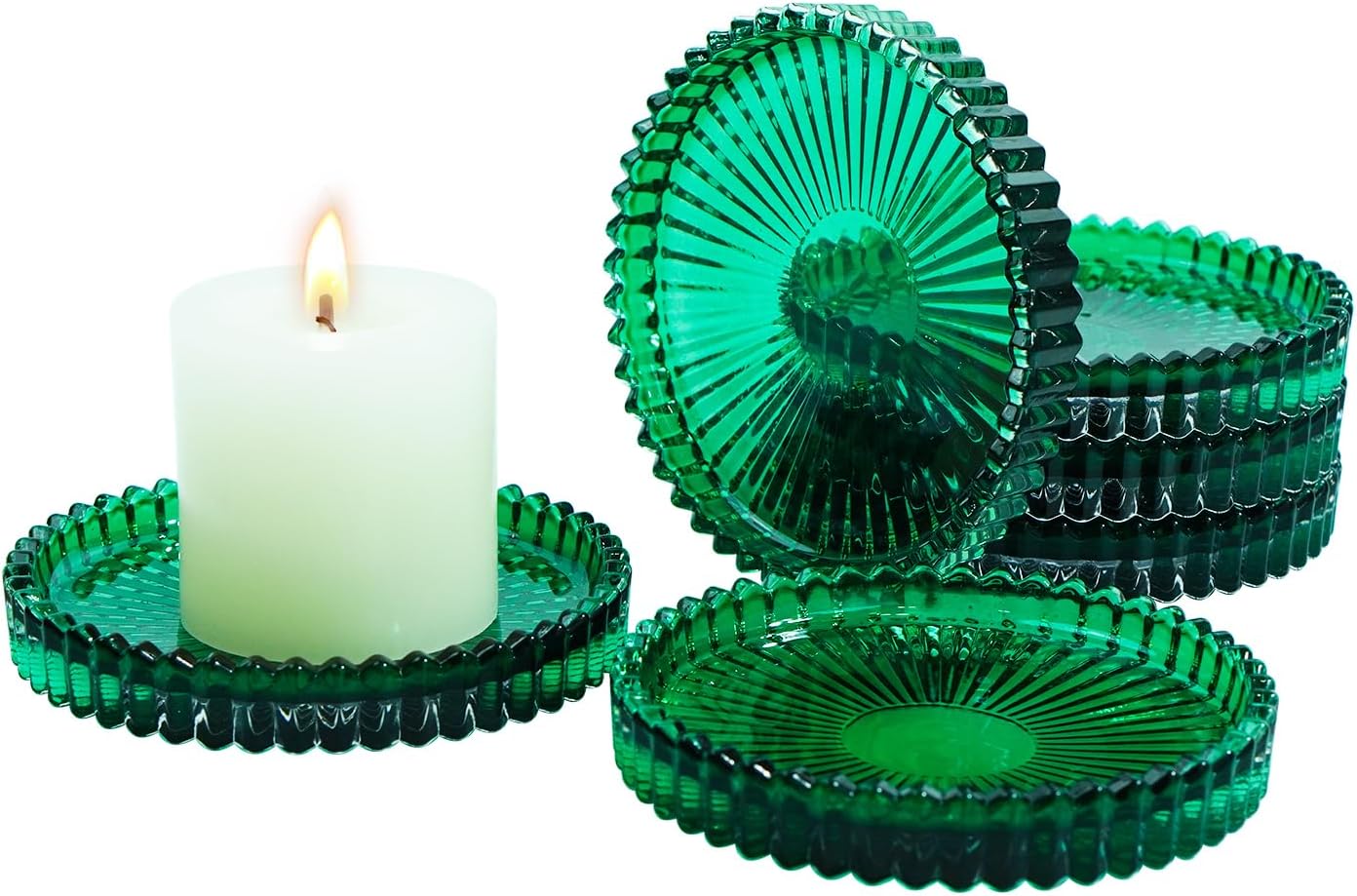 Candleholder Glass Candle Holder Plates Set of 6, Round Glass Candle Tray Plates for Dining Wedding Lantern Festival Party Evening Light, Green