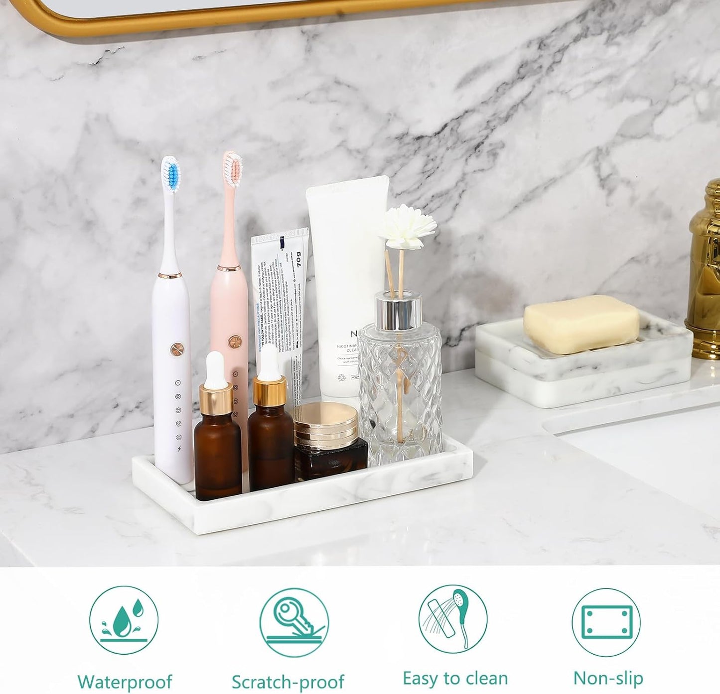 Emibele Bathroom Vanity Tray, Small 8" Rectangular Resin Kitchen Soap Dresser Jewelry Dish Tray Bathroom Countertop Organizer Tray for Cosmetic Perfume Candle, Mini, Ink White