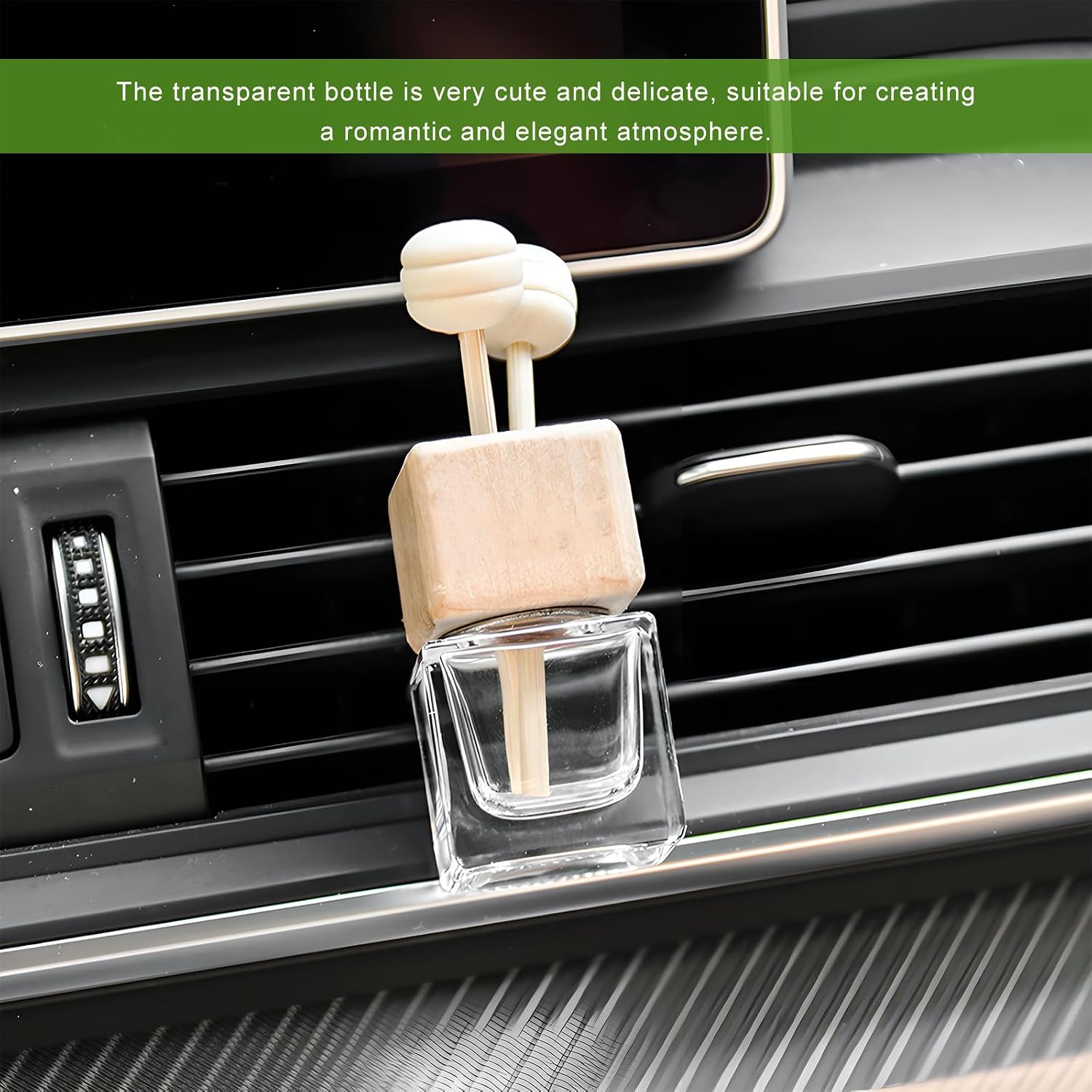 2PCS Car Diffuser Air Freshener Bottle, Refillable Empty Perfume Diffuser Vent Clip with Wooden Cap, Universal Essential Oil Glass Bottle Fragrance Ornament for Most Vehicles