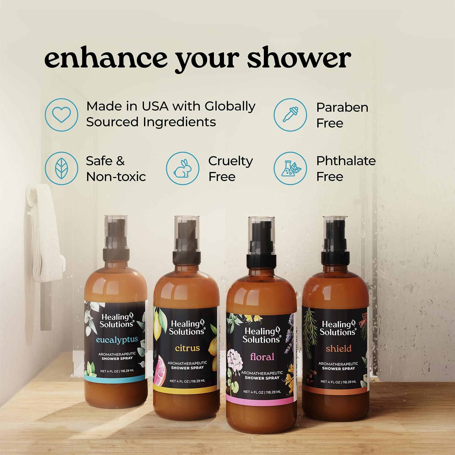 Healing Solutions Aromatherapy Shower Spray, Eucalyptus, 4oz, Therapeutic Grade Essential Oils, Made in the USA, At Home Spa Experience