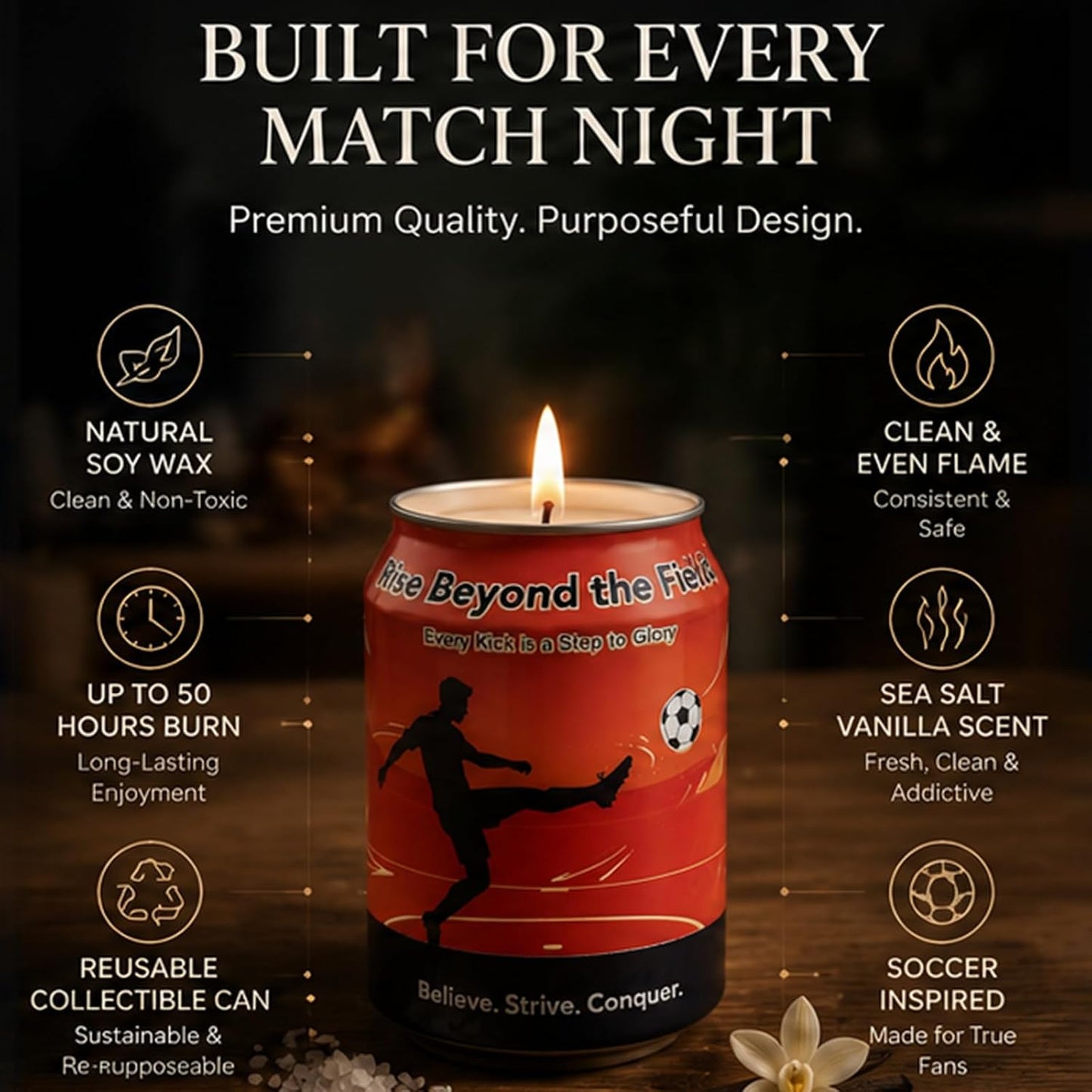 Soccer Gifts for Men – Sea Salt Vanilla Scented Soy Candle, 8.2 Oz Soccer Fan Gift for Boys, Soccer Room Decor, Unique Gifts for Soccer Lovers