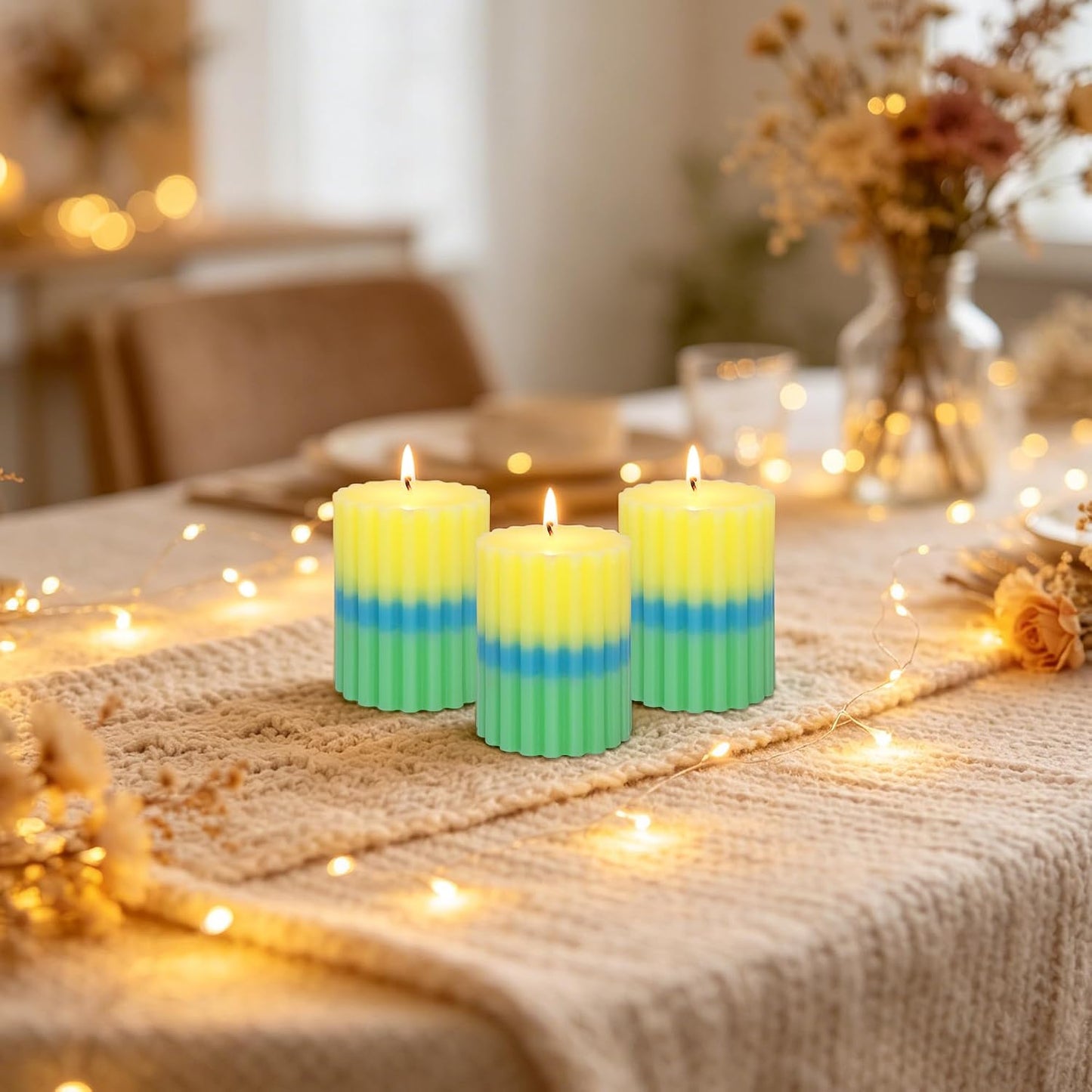Lemon Verbena Scented Candles, Yellow Blue Green Ombre Ribbed Pillar Candles, 3"x4" Set of 3, Cotton Core Paraffin Wax, 50H+ Long Burning Time|1PC Aromatherapy Candle, Home Bathroom Living Room Decor