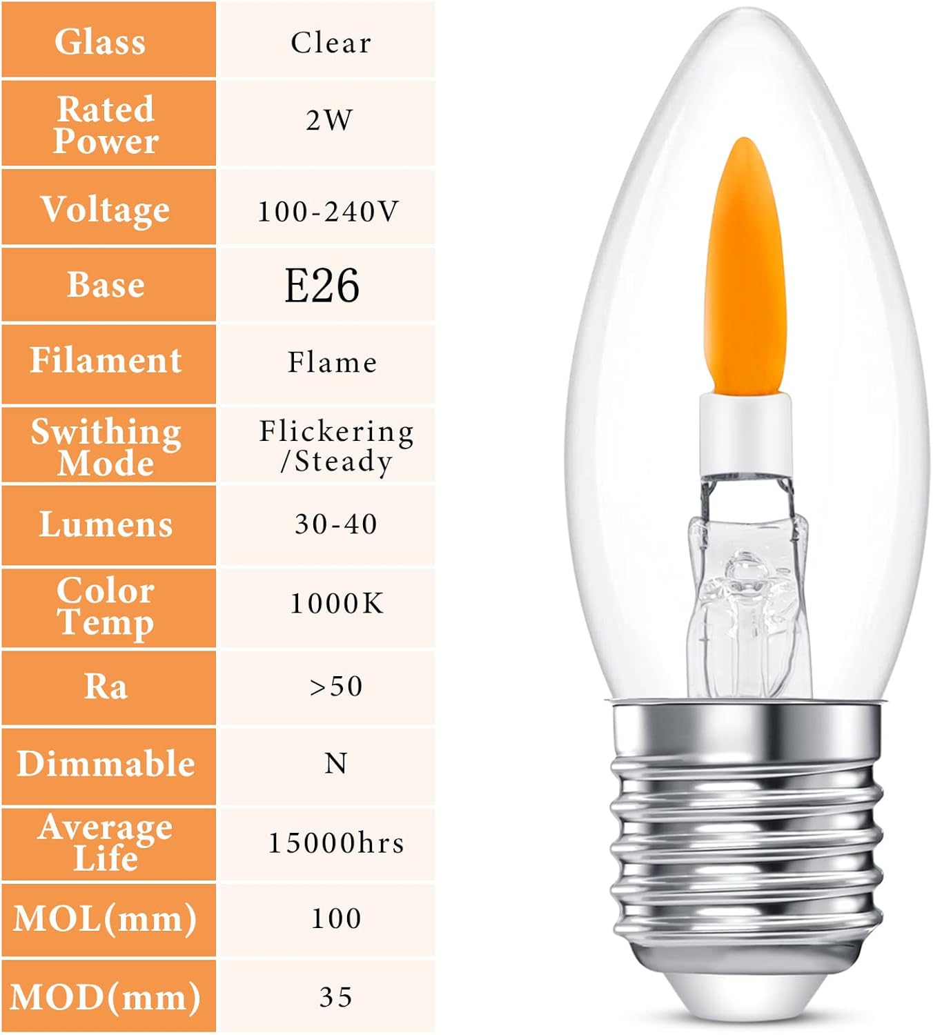 HEWA-Tech B11 Flame Bulbs 2-Pack - Standard Medium Base (E26, Not Candelabra E12), 2 Mode Flickering LED 1800K, Non-Dimmable for Halloween/Christmas Porch & Home Decor