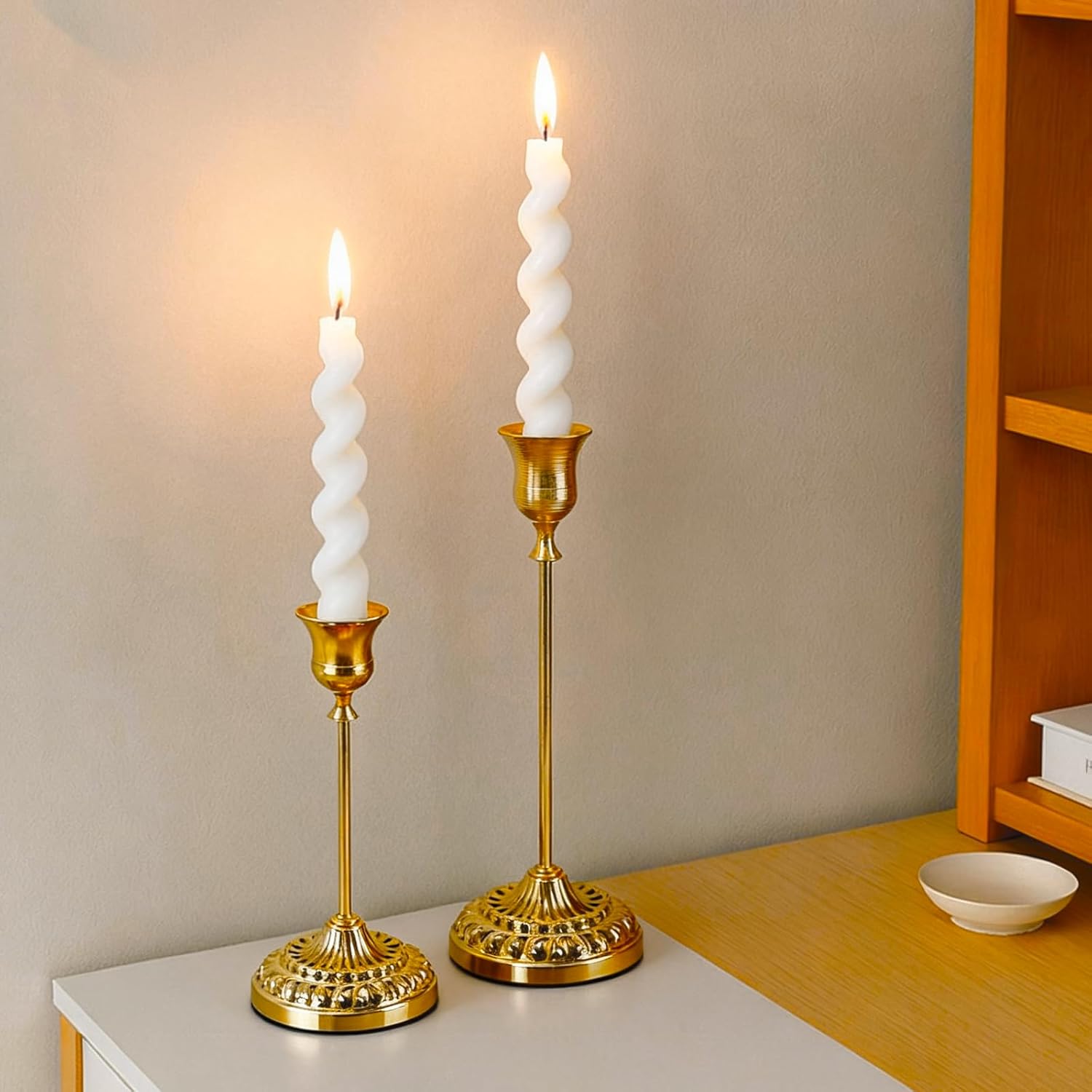 BEAHOT Gold Candle Holders, Set of 3 with Matching Candle Snuffer – Elegant Durable Non-Slip Candlestick Holders for Christmas Decorations Wedding Centerpiece, Dining Table & Home Gift Display