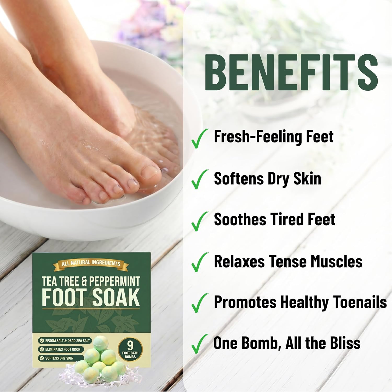 Tea Tree Oil Foot Soak Bombs with Epsom Salt, Cleanses & Refreshes, Softens Calluses, Soothes Tired Feet, Athletes Foot, Therapeutic Blend of Epsom Salt, Dead Sea Salt & 8 Essential Oils