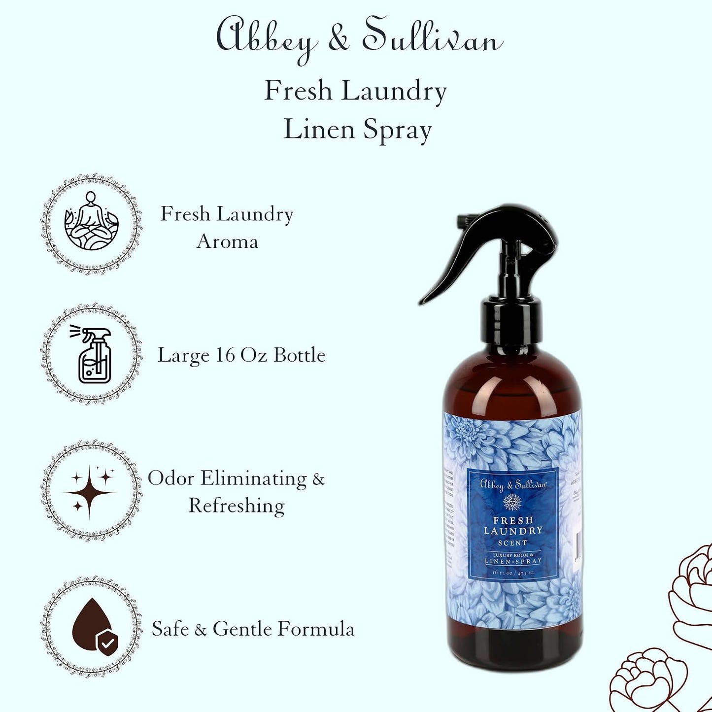 Abbey & Sullivan Linen Spray, Fresh Laundry Scent with Fresh Green Floral Musk, Pack of 2, 16 oz