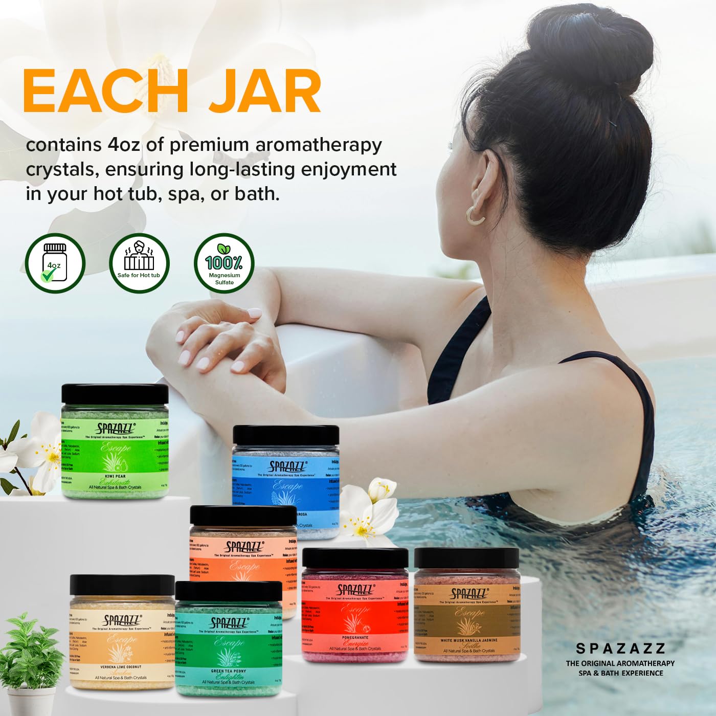 Hot Tub & Spa Bath Salt Aromatherapy Crystals - Spazazz Escape Collection 4 Oz 7-Pack Sampler & Hot Cold Towel - Lavender, Lime Coconut, Green Tea, Vanilla Jasmine, Kiwi Pear, Grapefruit, Pomegranate
