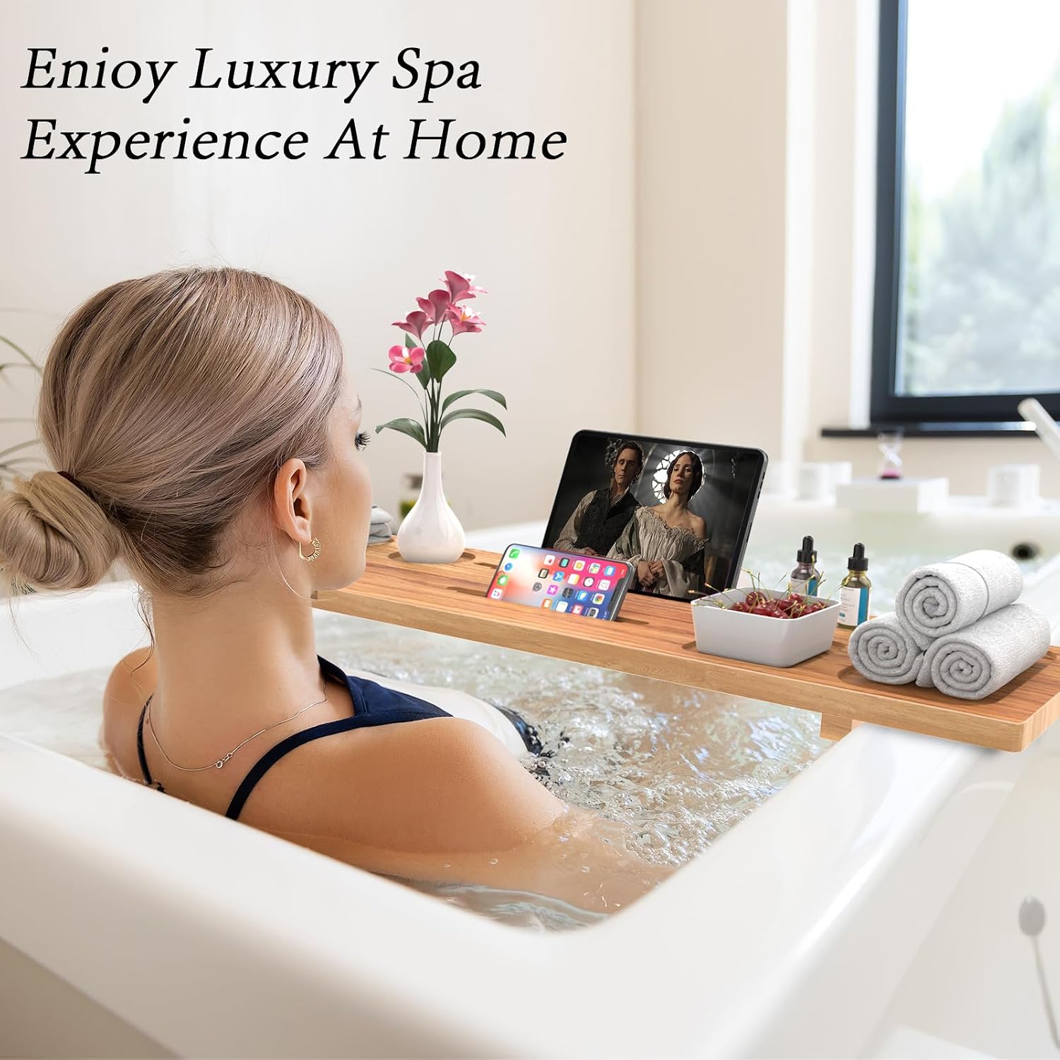 Bathtub Tray for Freestanding Bath, Solid Pine Wood Bath Tray for Tub, Bath Caddy for Home Spa, Adjustable Bathtub Trays for Tub, with Bathtub Accessories Holders, Patent Design, 35x9