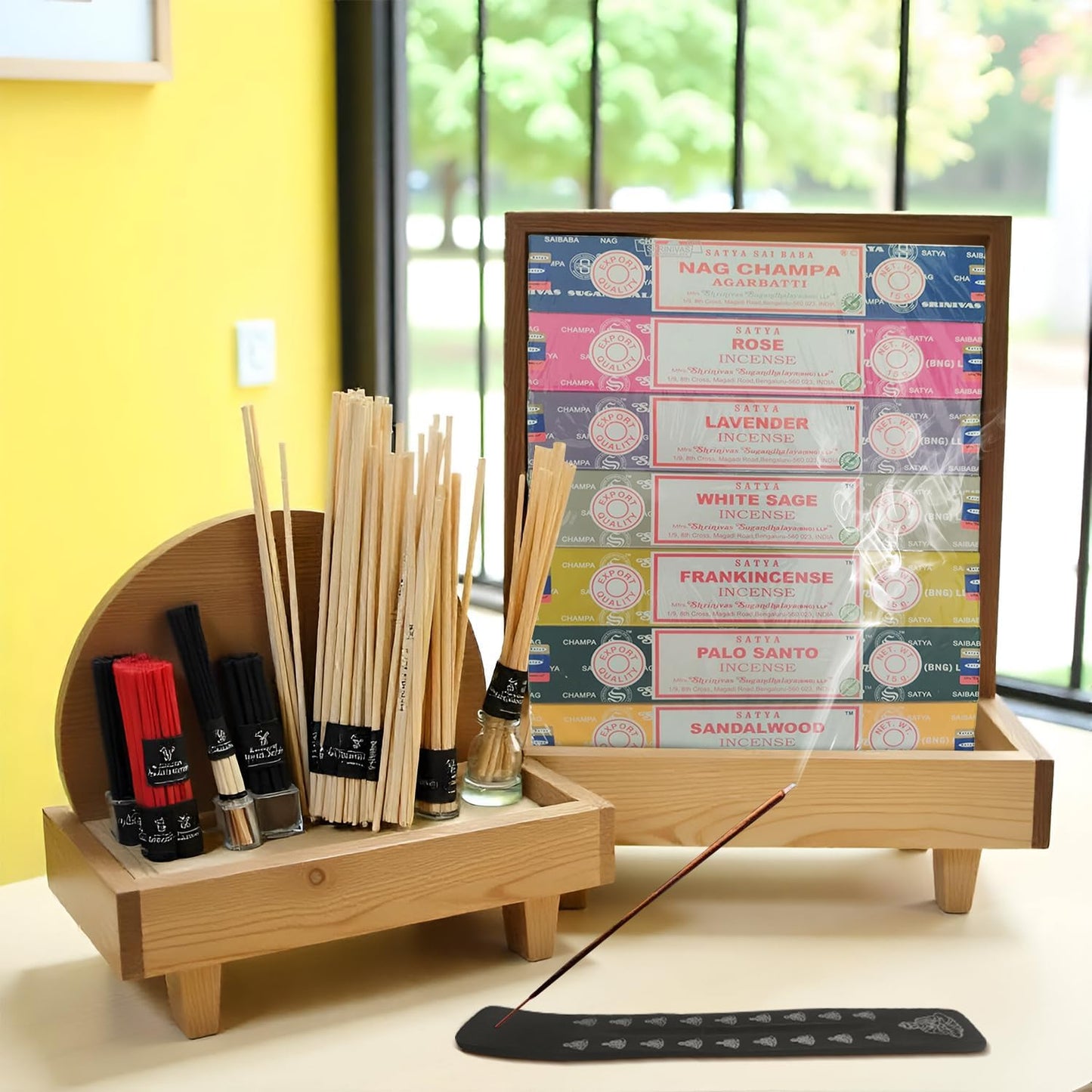 Incense Sticks Variety Pack with Wooden Holder | Nag Champa, Rose, Lavender, White Sage, Frankincense, Palo Santo & Sandalwood | Hand-Rolled Masala Incense