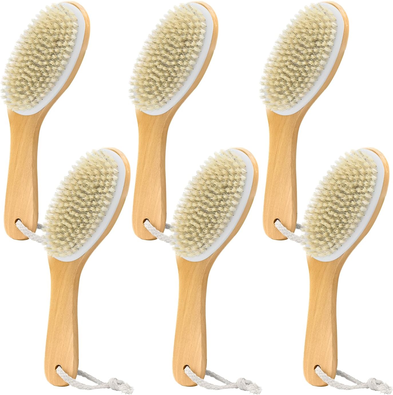 6 Pack Dry Brushing Body Brush, Soft Natural Bristle Exfoliating Dry Brush with Contoured Wooden Handle for Lymphatic Drainage Cleaning Body Skin Care