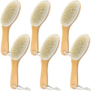 6 Pack Dry Brushing Body Brush, Soft Natural Bristle Exfoliating Dry Brush with Contoured Wooden Handle for Lymphatic Drainage Cleaning Body Skin Care