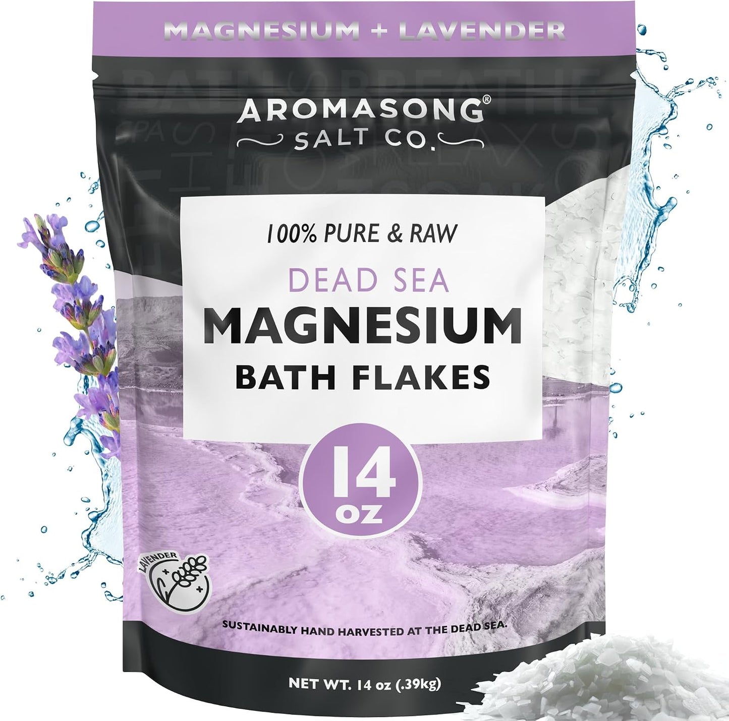 Aromasong RAW Magnesium Bath Flakes with 100% Natural Lavender, 14 Oz. Muscle Relaxing Organic Salts Mg Chloride, Mineral Soak Salt.
