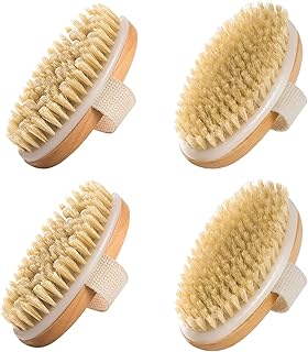 SAMEBUTECO 4 Pack Dry Body Brushing Brushes, Natural Bristle Exfoliating Scrub Brushes with Massage Nodes for Lymphatic Drainage, Skin Firming, Acne Treatment, and Cellulite Reduction