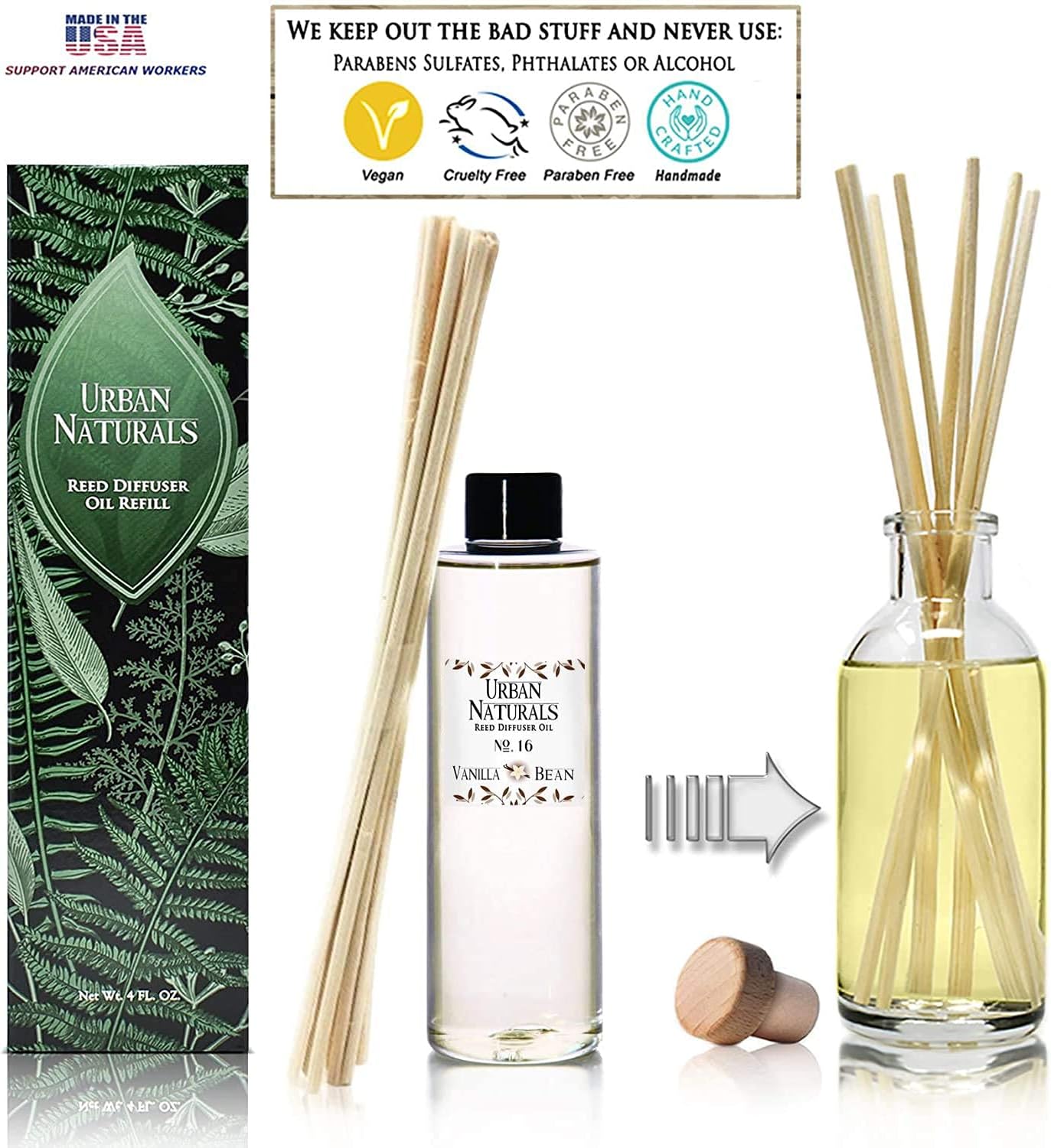 Urban Naturals Vanilla Bean Reed Diffuser Refill, 4 oz, Bundle with Vanilla Bean Reed Diffuser Set - Made with Essential Oils in the USA