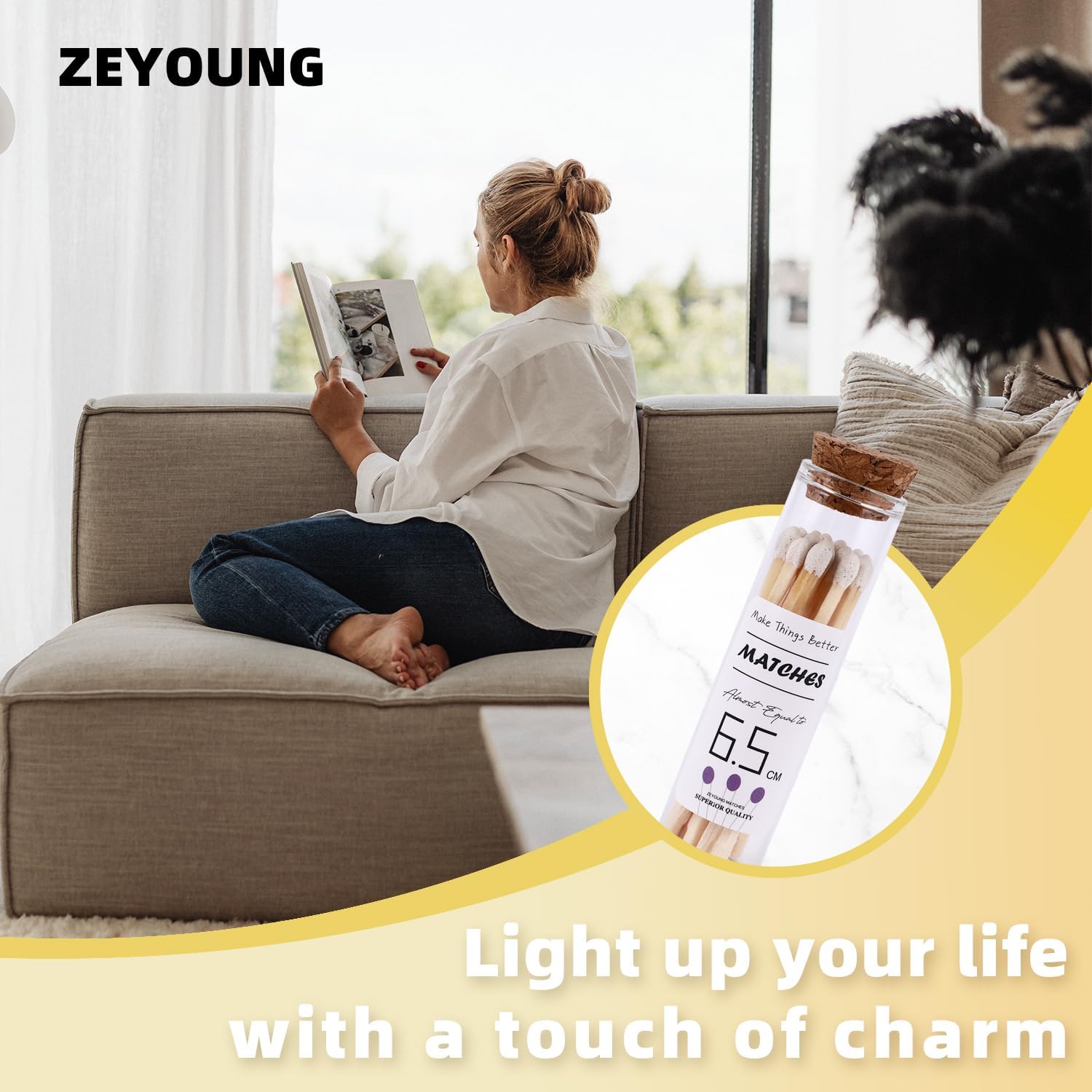 2.55"/6.5cm White matches Included with 5 Match Holder, 5 Count match Bottles with Candle Matches in a Jar, Long Fireplace for Grill Fireplace BBQ, 100Pcs Long Wooden Matchsticks for Custimiz Events