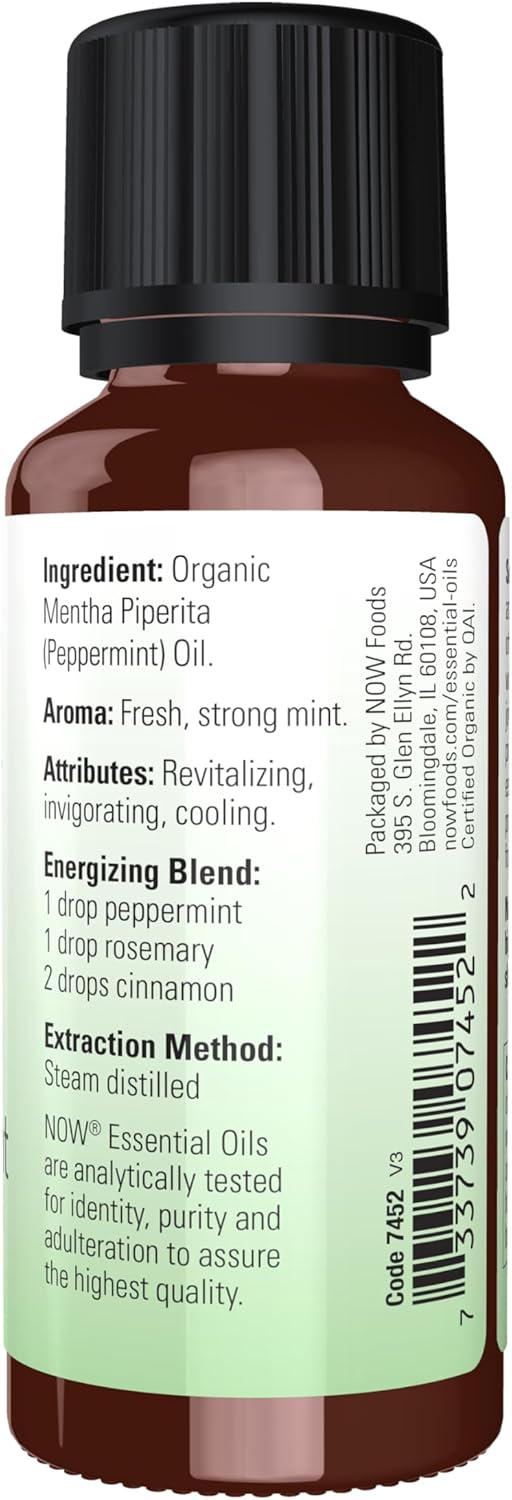 NOW Essential Oils, Organic Peppermint Oil, Invigorating Aromatherapy Scent, Steam Distilled, 100% Pure, Vegan, Child Resistant Cap, 1-Ounce
