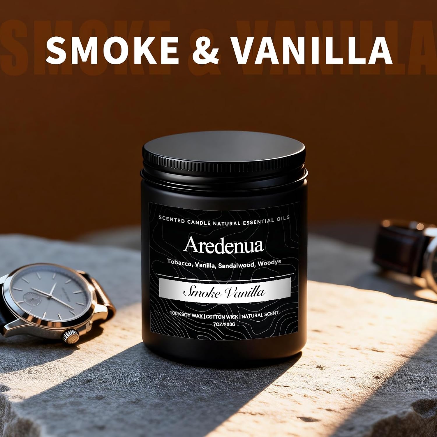 Smoke & Vanilla Candle | Manly Candles for Home Scented, Masculine Soy Candles for Men - 7oz Long Lasting Scented Candle for Home, Aromatherapy Gift for Men & Women
