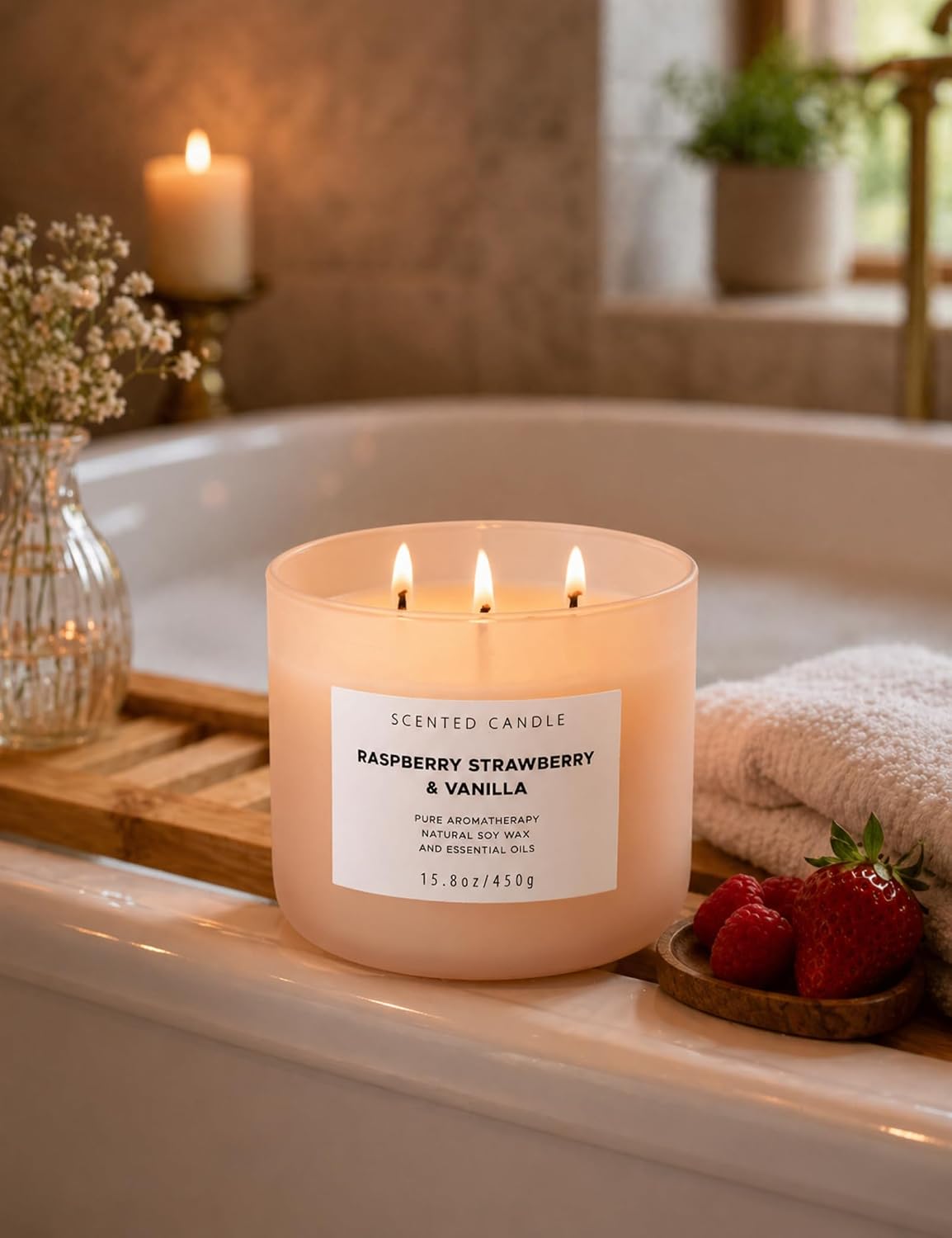 Raspberry Strawberry Vanilla 3-Wick Scented Soy Candle 15.8 oz | Large Sweet Berry Vanilla Scented Candle for Home | Relaxing Aromatherapy Candle | Strong Throw & Long Lasting