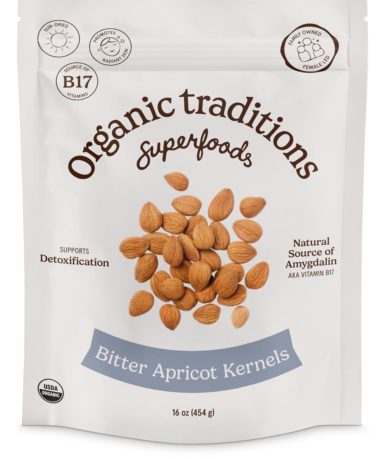 Organic Traditions Apricot Kernels, Organic Apricot Seeds, Sundried Sweet and Bitter Taste, Vegan, Source of Vitamin B17, Non GMO, Whole Foods Delivery, Plant Based for Snacking and Blending, 16 oz