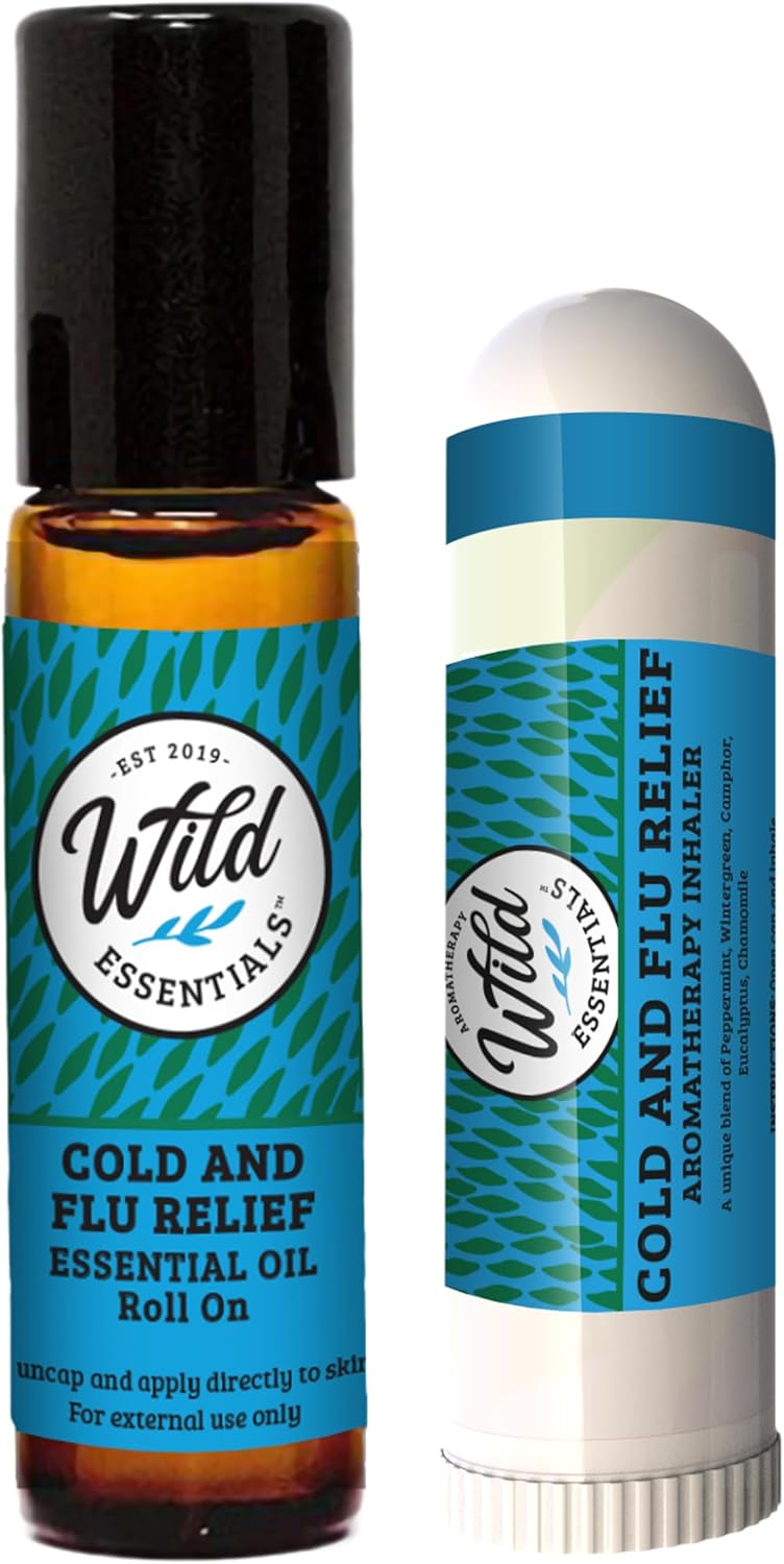 Wild Essentials Cold and Flu Relief 2-Pack Bundle – Roll-On & Aromatherapy Inhaler for Congestion, Sinus Relief & Respiratory Support