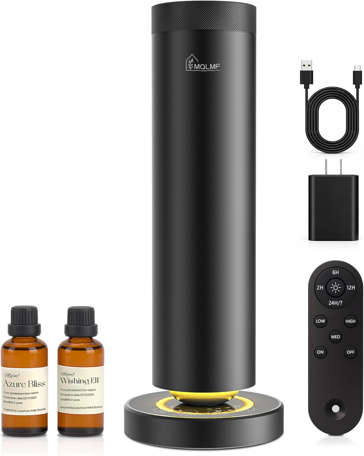 Waterless Diffuser,1500 Sq Ft,Ring Ambient Light,USB Plug-in & Rechargeable,Aluminum,Remote Control&Touch Buttons,Adjustable Fragrance&Timer,Hotel Collection Scent Machine - Satin Black